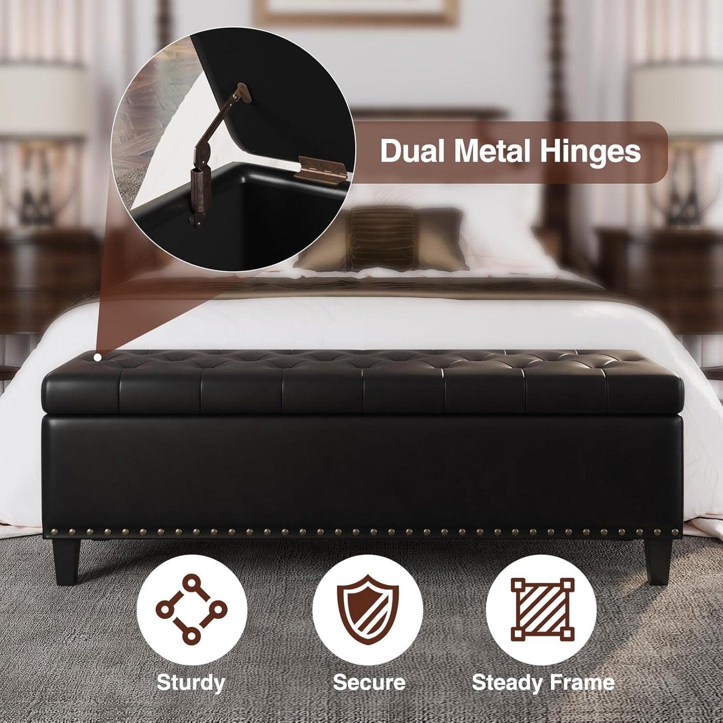 Storage Ottoman Bench, 51-Inch Large Storage Bench for Bedroom End of Bed, 30 Gallons Faux Leather Bench with Storage for Bedroom, Living Room, Entryway, Hallway, Black