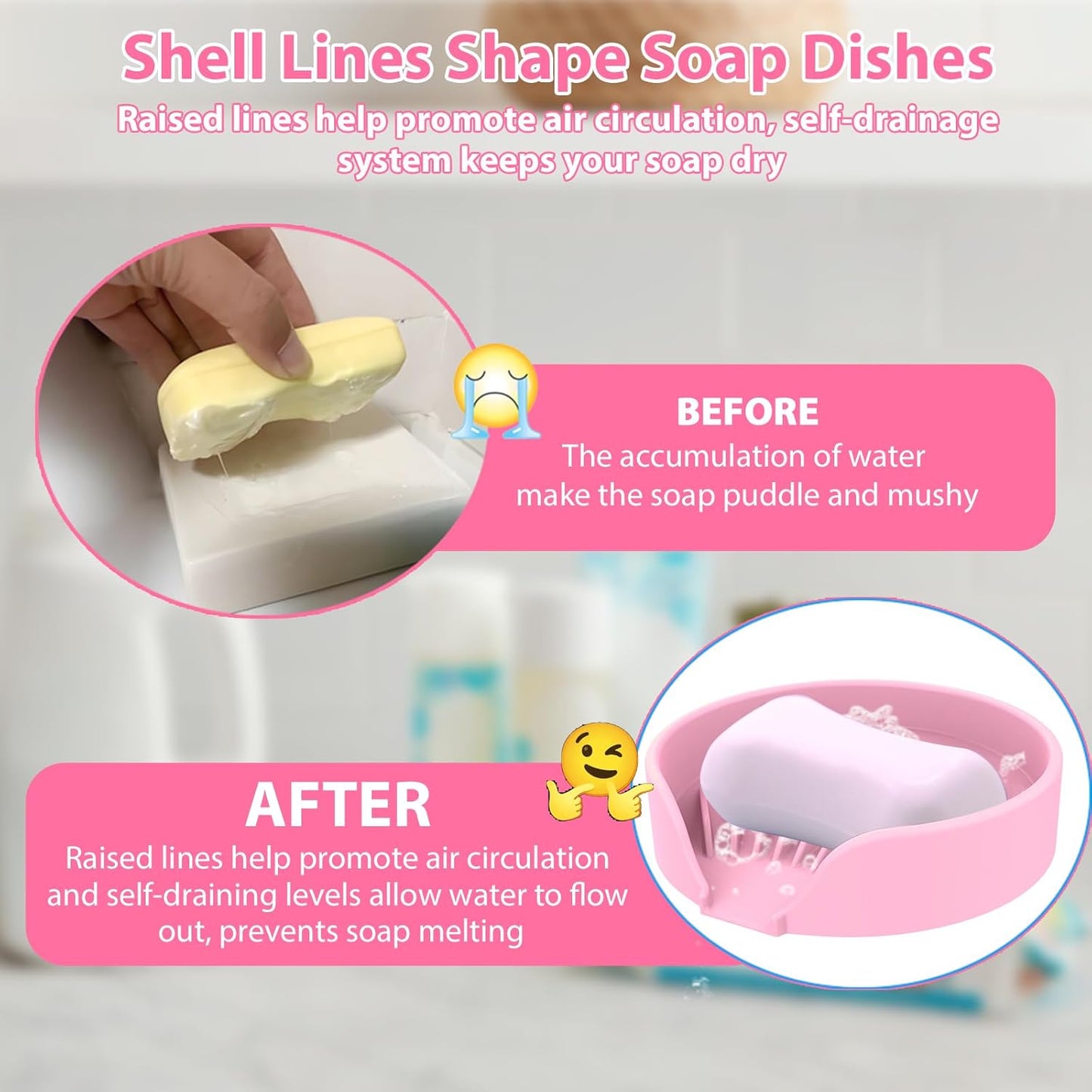 Self Draining Soap Dish, Silicone Suction Cup Soap Holder Tray Savers Container Sponge Holder for Bar Bathroom Shower Kitchen Sink, Can Extend Soap Life (2, Pink)