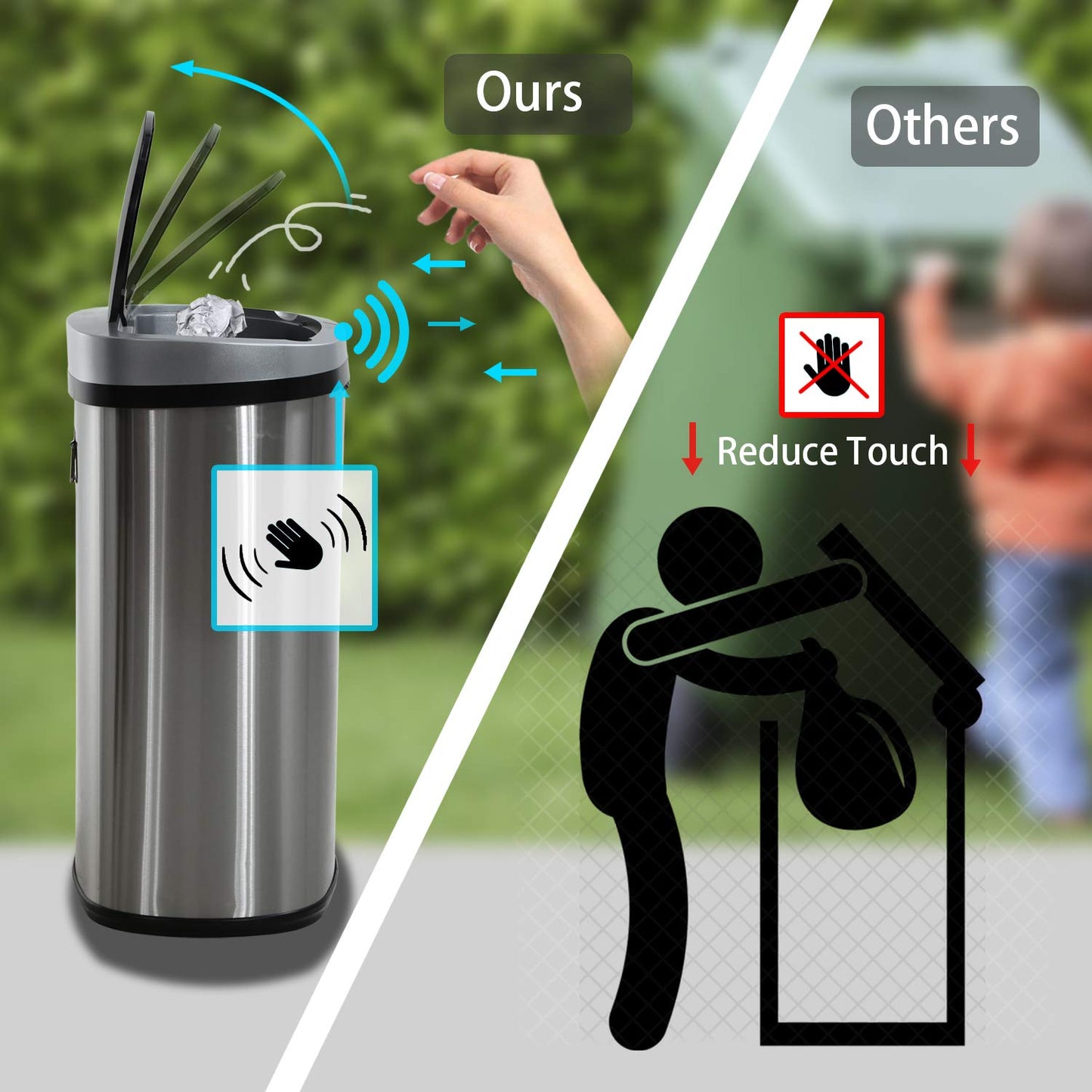 HCB Trash Can Automatic Waste Bin Mute Metal Garbage Can with Lid Stainless Steel 13 Gallon 50 Liter for Kitchen | Office | Bedroom | Bathroom | Living Room, 11” x 16” x 23”