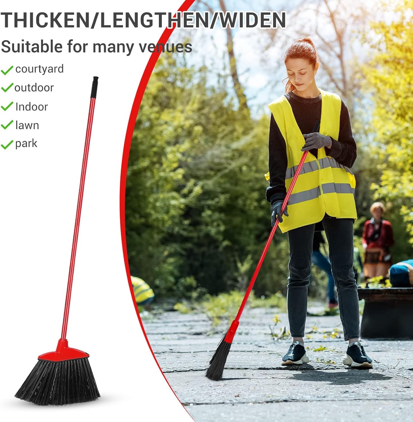 12 Pcs Heavy Duty Commercial Angle Broom 53 Inch Long Handle for Sweeping Indoor Outdoor - Garage, Courtyard, Patio, Lobby, Mall, Market, Shop, Sidewalk Floor (Red)