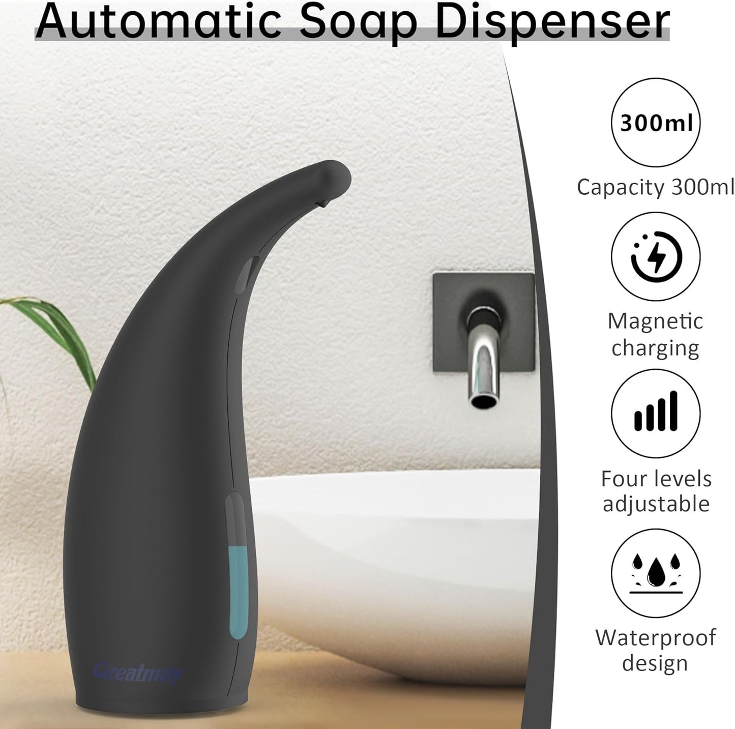 Adjustable Automatic Soap Dispenser Touchless, 4 Adjustable Levels Touchless Sensor Liquid Soap Pump Dispenser，300ml Rechargeable Magnetic Charging Hand Soap Dispenser for Kitchen，Bathroom