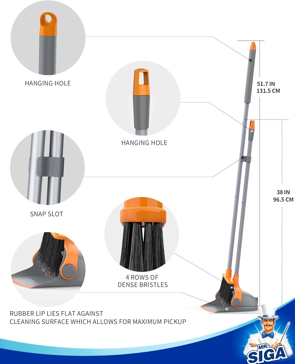 MR.SIGA Broom and Dustpan Set with Long Handle, Stand Upright Broom with Dustpan Combo for Cleaning Office, Garage, Lobby, Lightweight Sweeping Set, 51.7"(131 cm) Long Handle, Gray & Orange