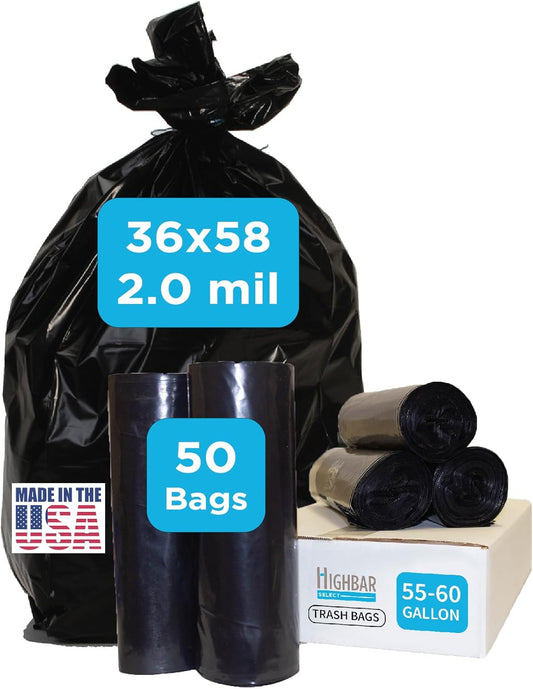Industrial Grade 50 Count Black Trash Bags, 55-60 Gallon, 2.0 Mil, 36 x 58, Extra Strength, Heavy Duty, Tear and Puncture Resistant, No Ears, Unscented, Durable, No Ties, Made in USA