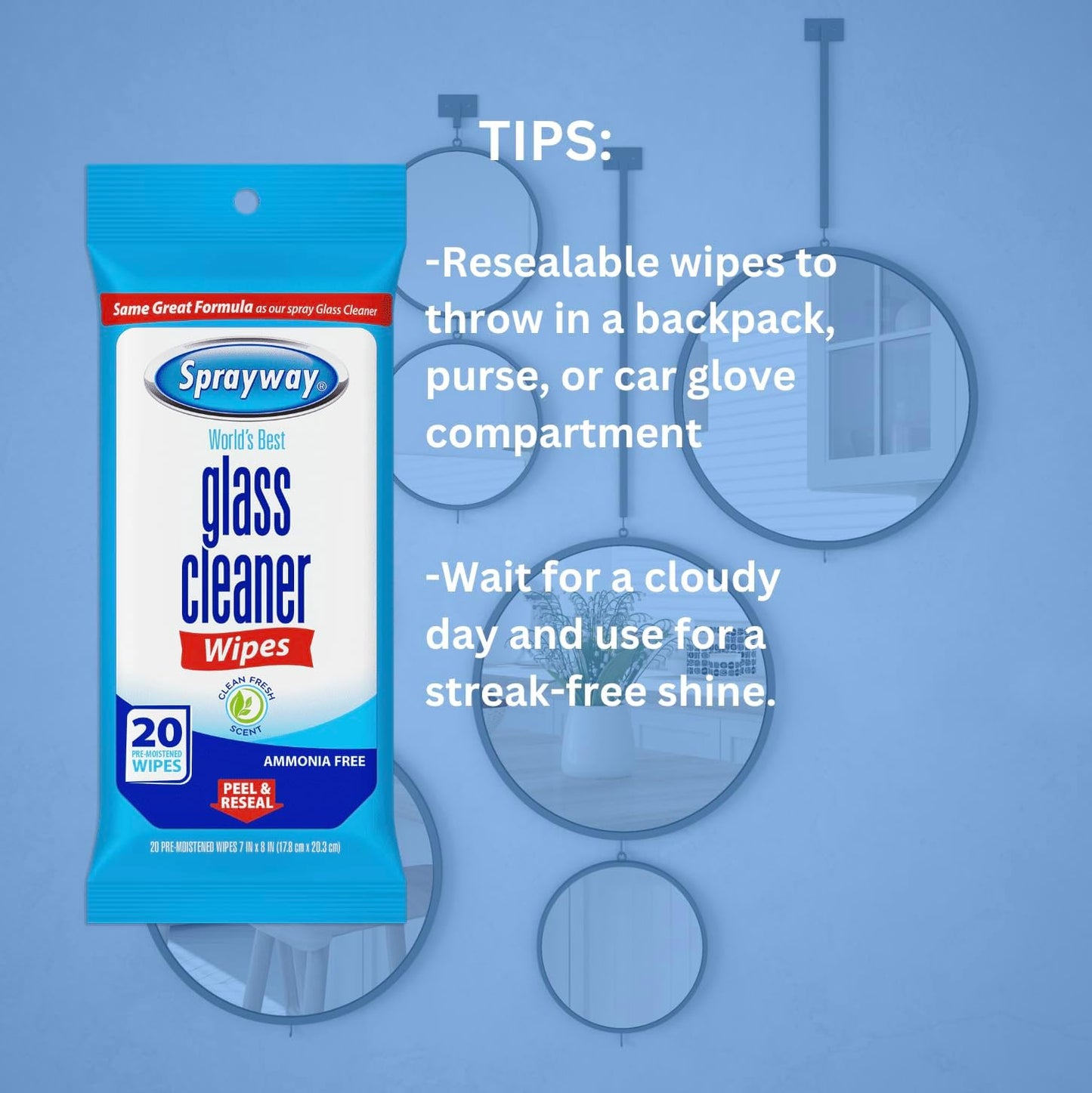Sprayway Glass Cleaner Wipes, 20ct, Pack of 12, On-the-Go Resealable Package, Pre-Moistened, Original Ammonia-Free Formula, Removes Fingerprints, Dust, Dirt, All Glass Surfaces, 2 trays per cartons