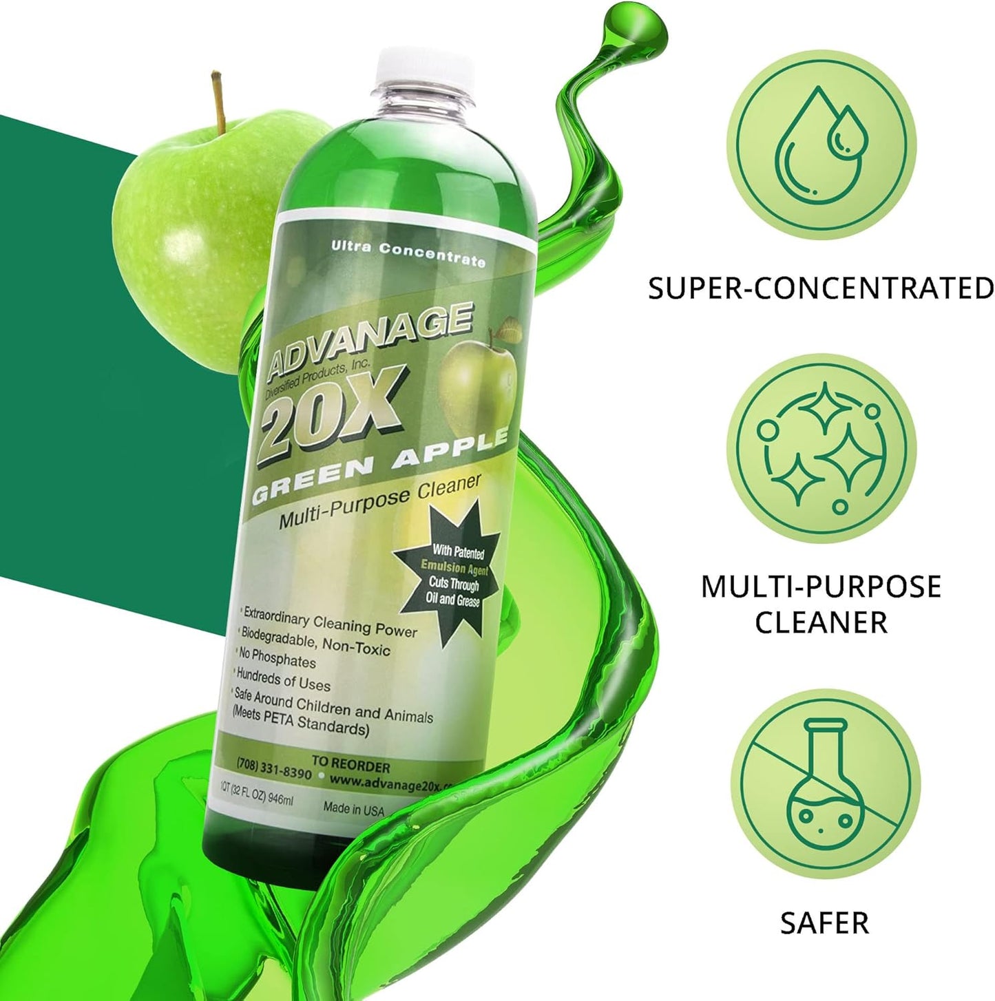 Advanage 20X All Purpose Cleaner Concentrate – Green Apple Eco-Friendly Heavy Duty Degreaser, Multisurface Cleaner for Bathroom, Kitchen, Floors, Household Cleaning Supplies, Made in USA, 32 Fl Oz