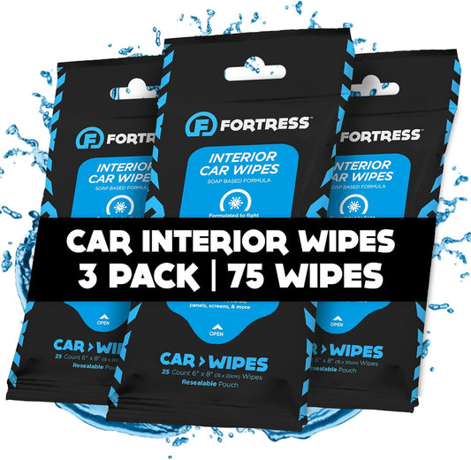 Fortress Car Interior Wipes (25 ct, Pack of 3) for Car Interior Cleaning, Dashboard, Seats, Detailing, and Steering Wheel [Travel Size] Skin-Safe Car Interior Cleaner Supplies