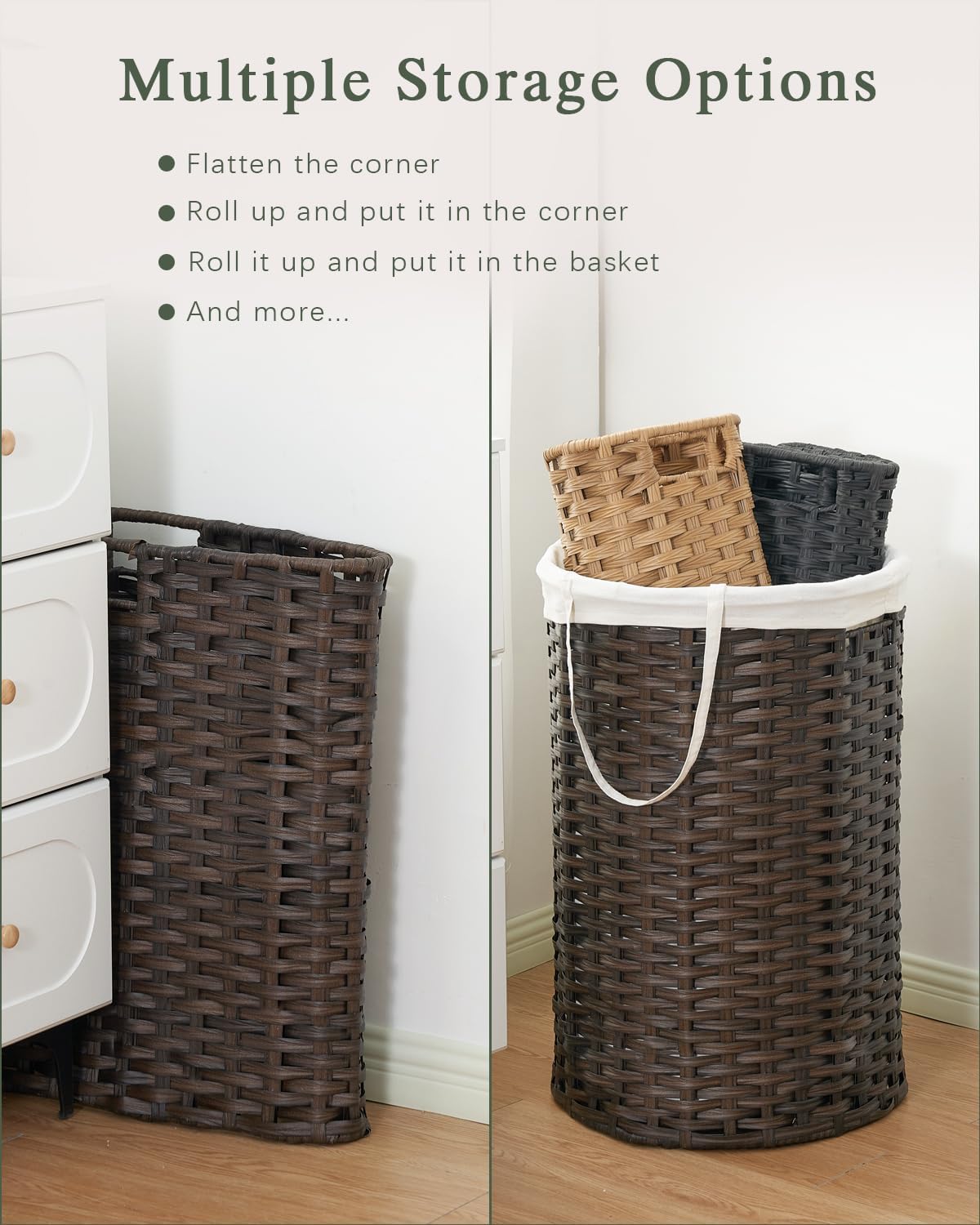 Laundry Hamper with Lid Wicker Laundry Hamper Round 26.5 Gal (100 L) Laundry Basket Handwoven Rattan Laundry Basket with Removable Bag Handles 2 Mesh Bags for Living Room Bedroom Brown