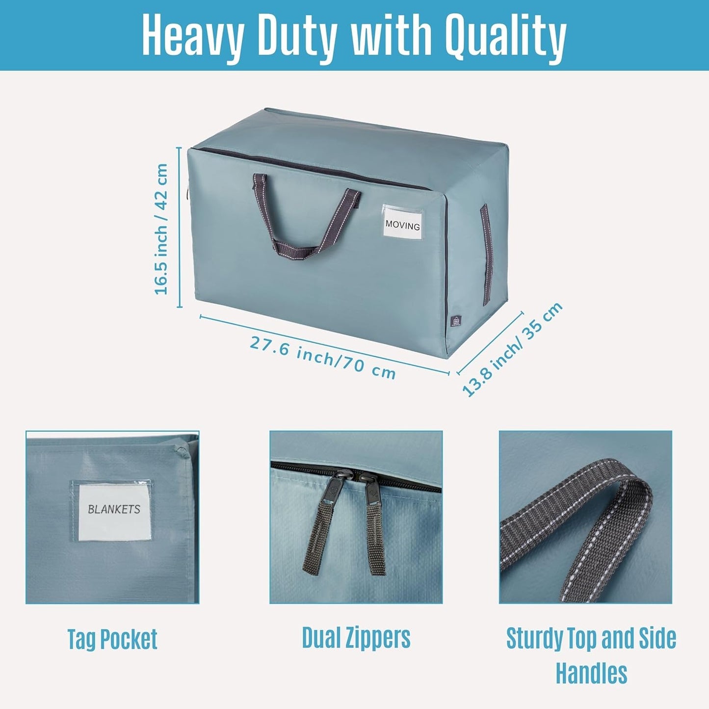 VENO 2 Pack Moving and Storage Bags, Heavy Duty, Alternative to Moving Boxes, Large Packing Totes Supplies for College Dorm Room with Zipper for Clothes, Wide Open Design (Light Blue Matte, 2 Pack)