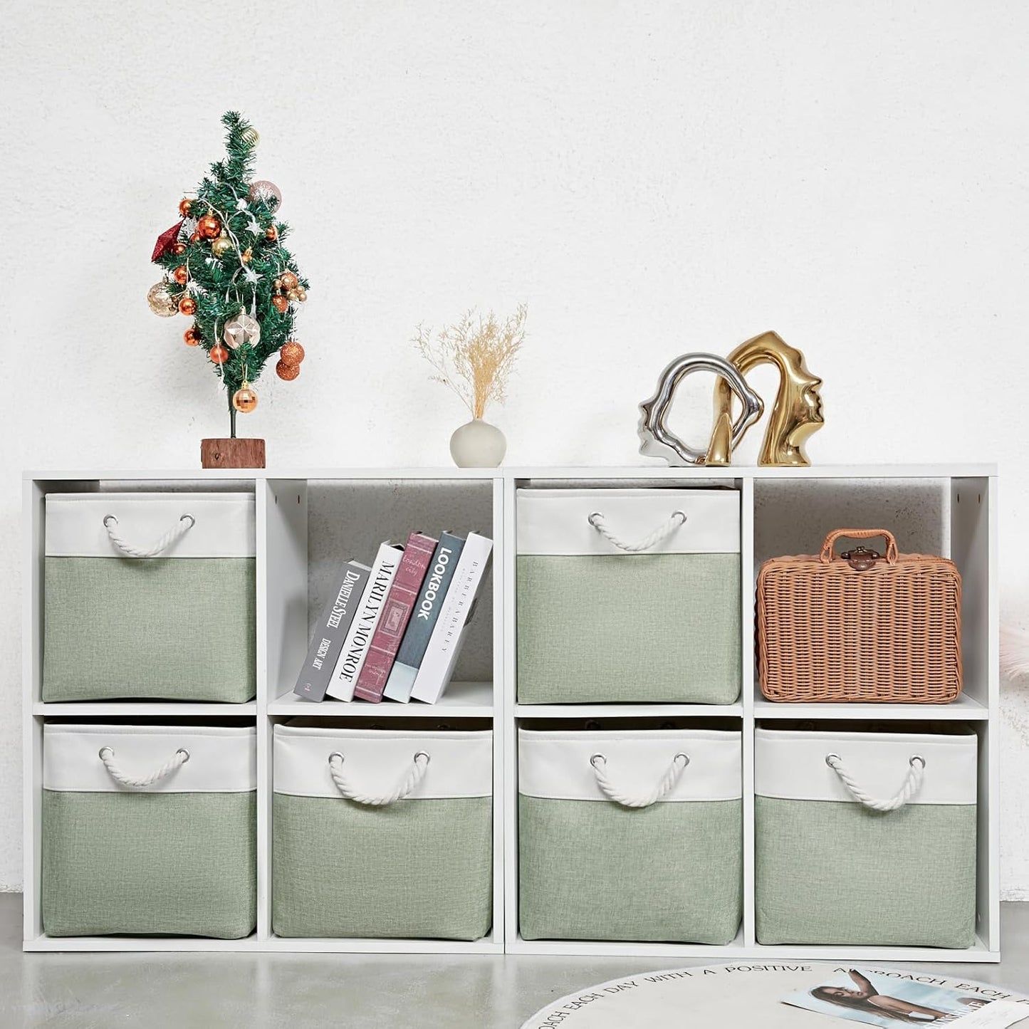 13 x 13 Inch Extra Large Storage Cubes,6 Pack Cube Storage Bins for Shelves，Fabric Collapsible Storage Bins with Handles, Foldable Storage Basket for Organizing Clothes, Toys (White&Green)