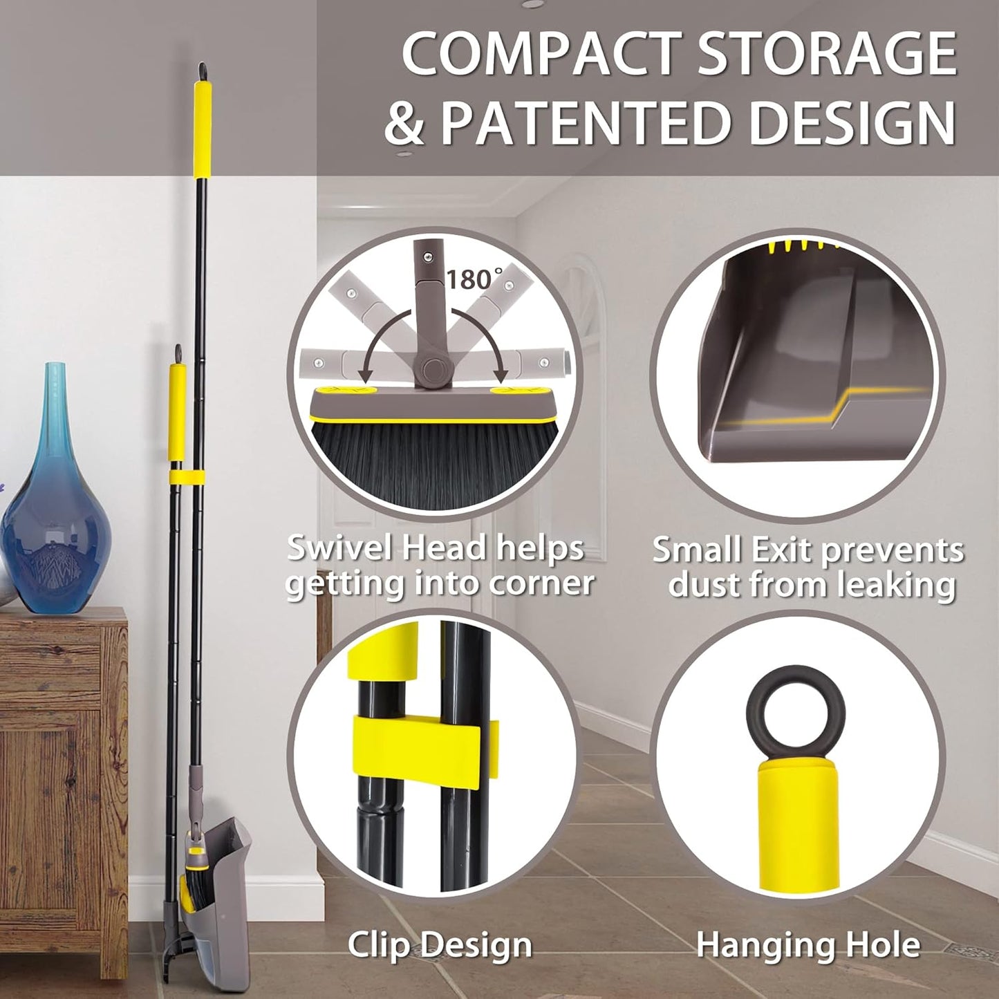 JEHONN Broom with Dustpan Combo Set, Long Handle Lightweight 180 Degree Rotating Sweeping Brush Indoor, Upright Standing Dust Pan with Comb Teeth for Home Room Kitchen Office Lobby (Brown Yellow)