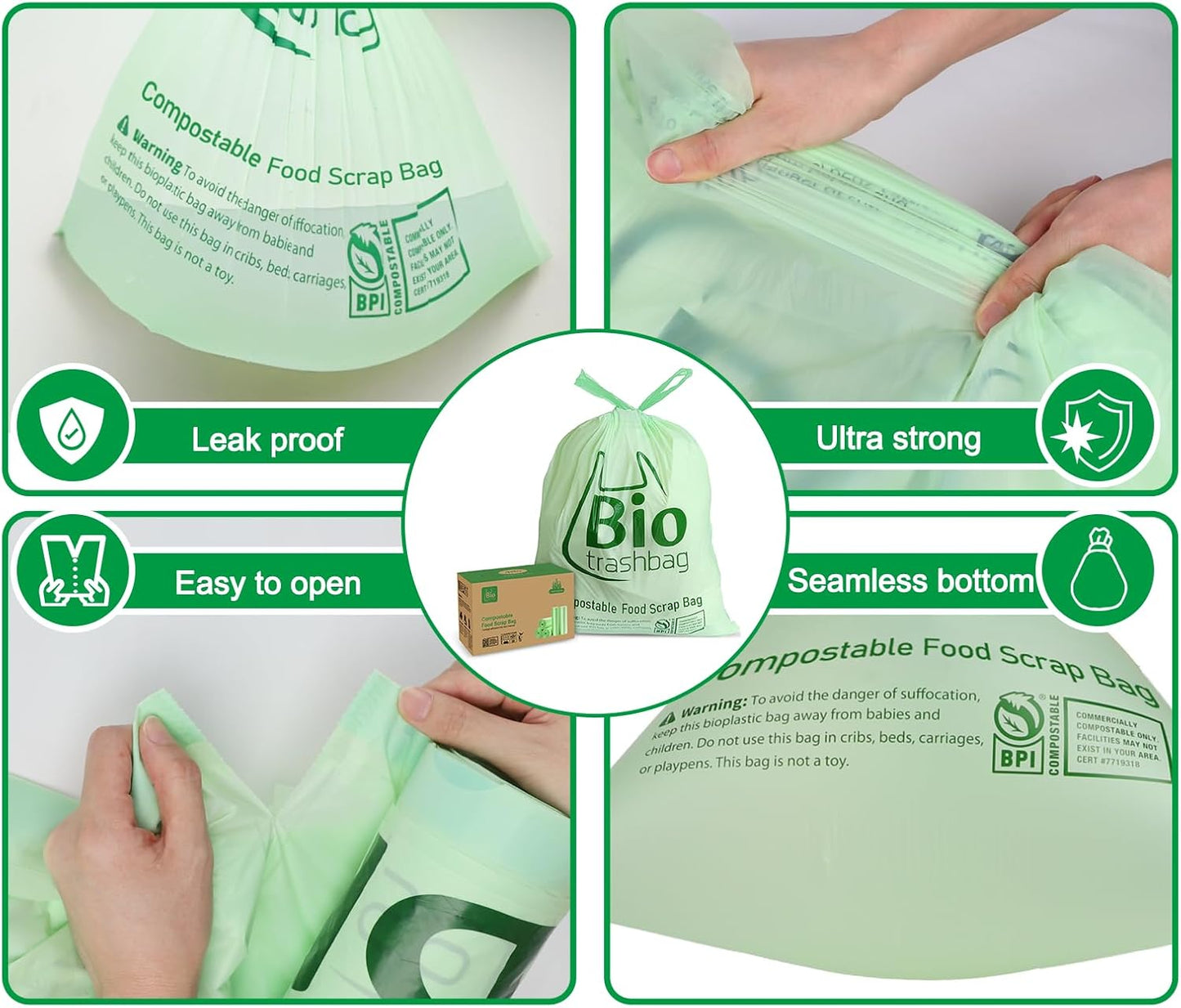 13 Gallon Compostable Trash Bags, Biodegradable Drawstring Compost Food Waste Bags, 100 Count, Heavy Duty 1 Mil, 49.2 Liter, Tall Kitchen Large Garbage Bags, US BPI and Europe OK Compost