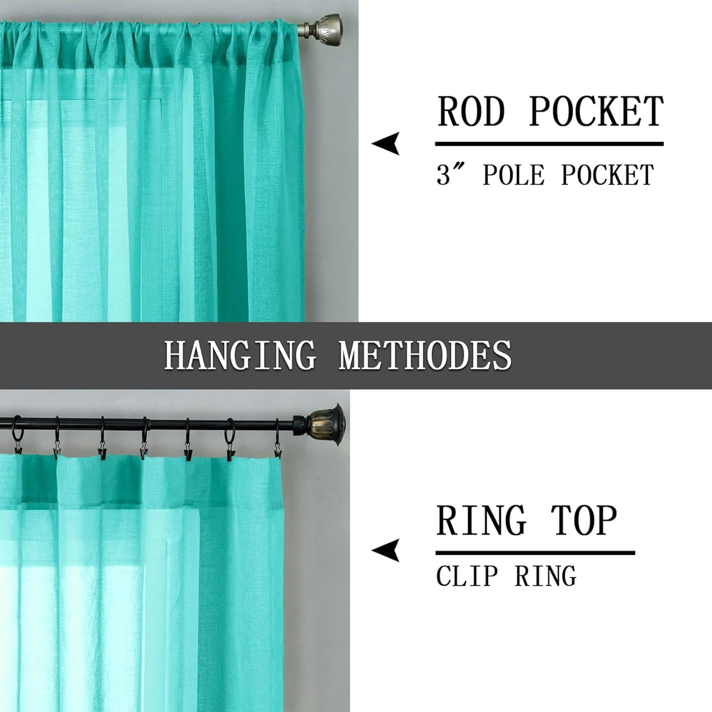Tollpiz Short Sheer Curtains Living Room Linen Textured Curtain Sheers Light Filtering Voile Rod Pocket Curtains for Bedroom, 38 x 45 inches Long, Aqua Blue, Set of 2 Panels