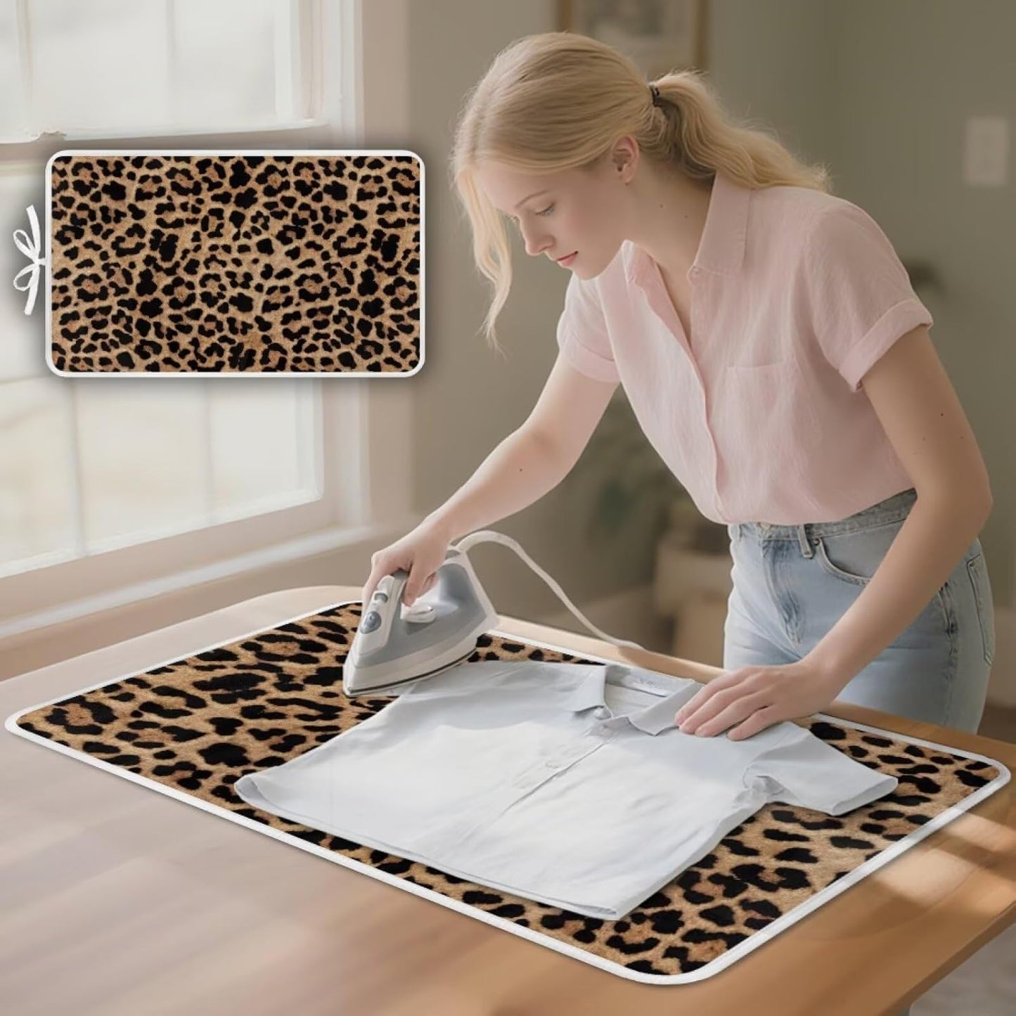 Leopard Print Iron Mat Blanket Travel Foldable Ironing Pad Fabric Ironing Board Cover for Top of Tabletop,Brown Thick & Large Portable Ironing Pads 32 x 16 Inch
