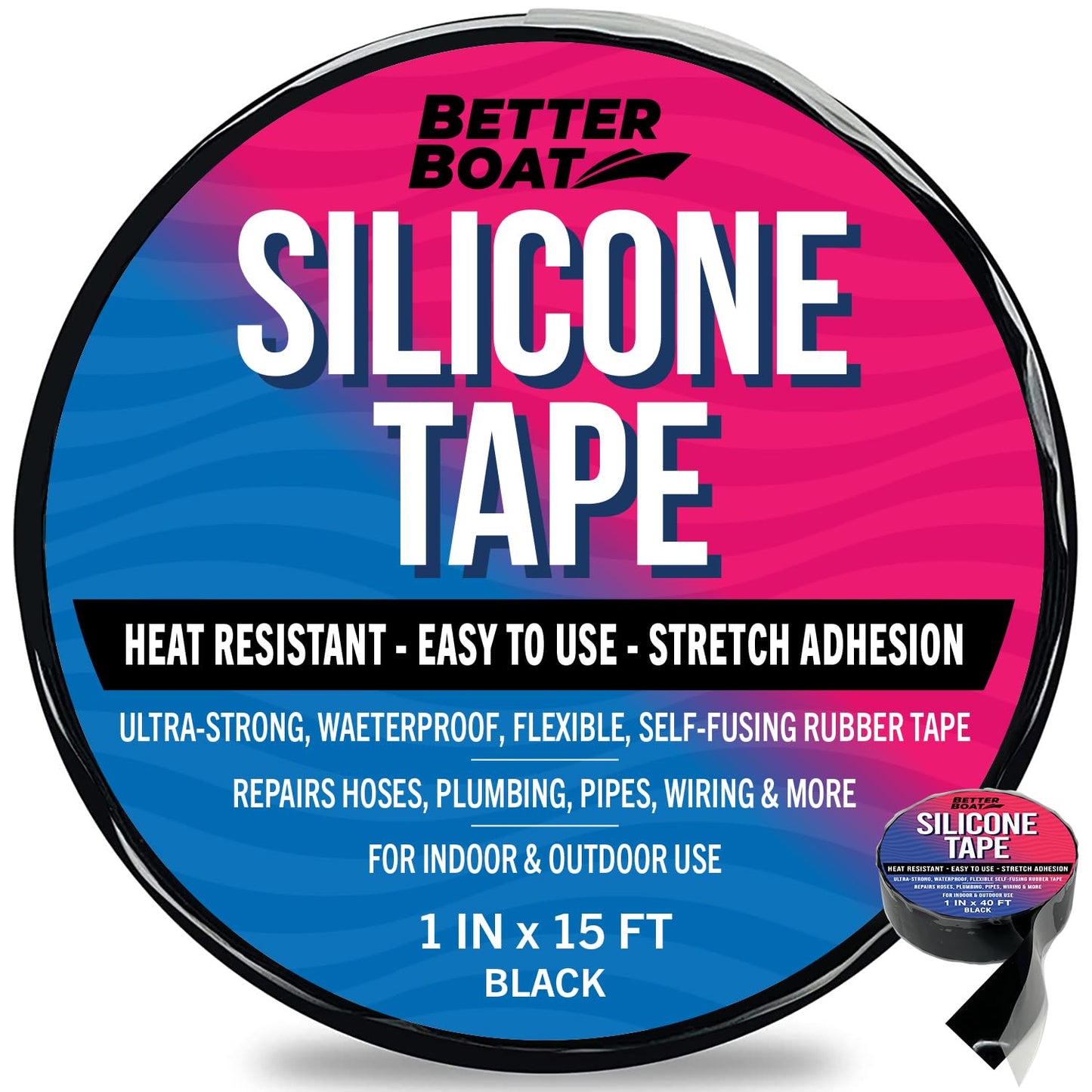 Black Heavy Duty Silicone Tape, Self-Fusing Rubber Hose and Plumbing Water Pipe Repair Seal, Coax Electrical or Waterproof Tape for Leaks, 15ft