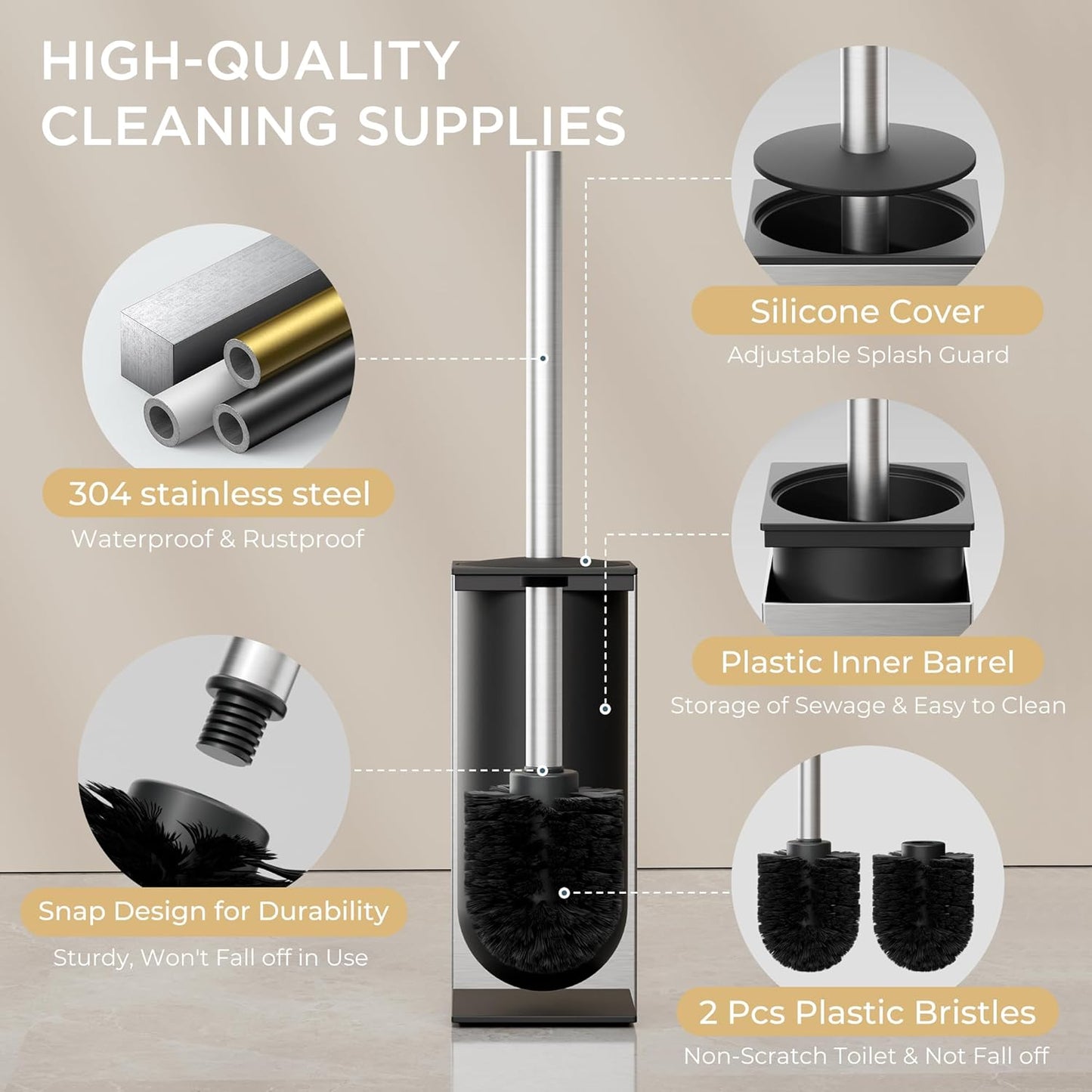 FORIOUS Toilet Brush and Holder Set, Heavy Duty 304 Stainless Steel Base Square and Long Handle for Bathroom Deep Cleaning, Drip-Proof, Space Saving for Storage, 2 Toilet Bowl Brush Head