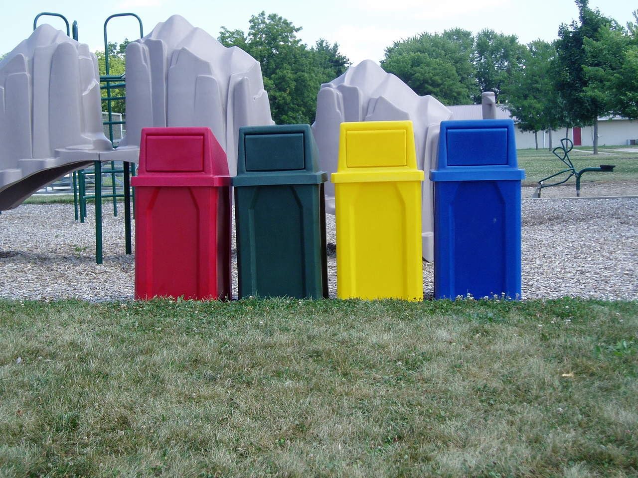 32 Gallon Square 100% Recycled Plastic Heavy Duty Outdoor Trash Can with Push Lid - Great for Schools and Businesses - Light Granite