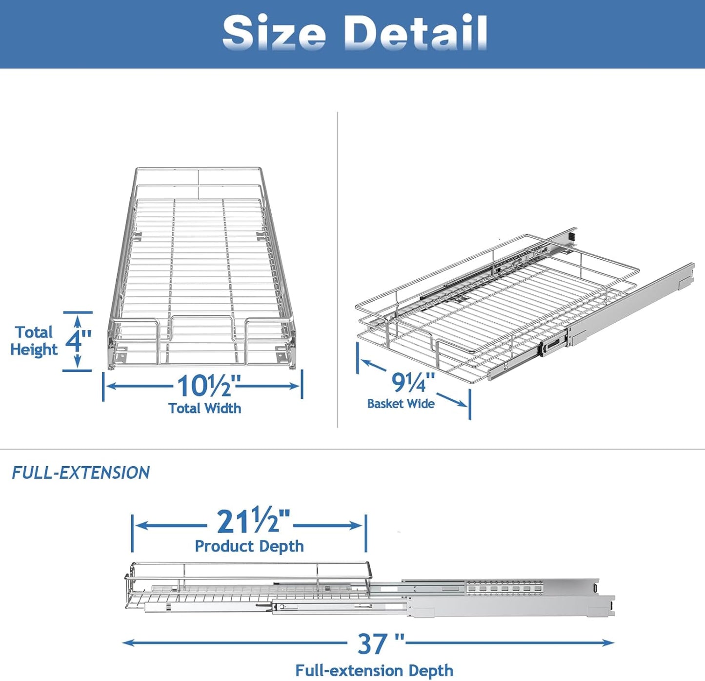 Pull Out Cabinet Organizer 10½" W x 21½" D, Heavy Duty Cabinet Pull Out Shelves, Slide Out Drawers Organization for Kitchen Cabinets Bathroom