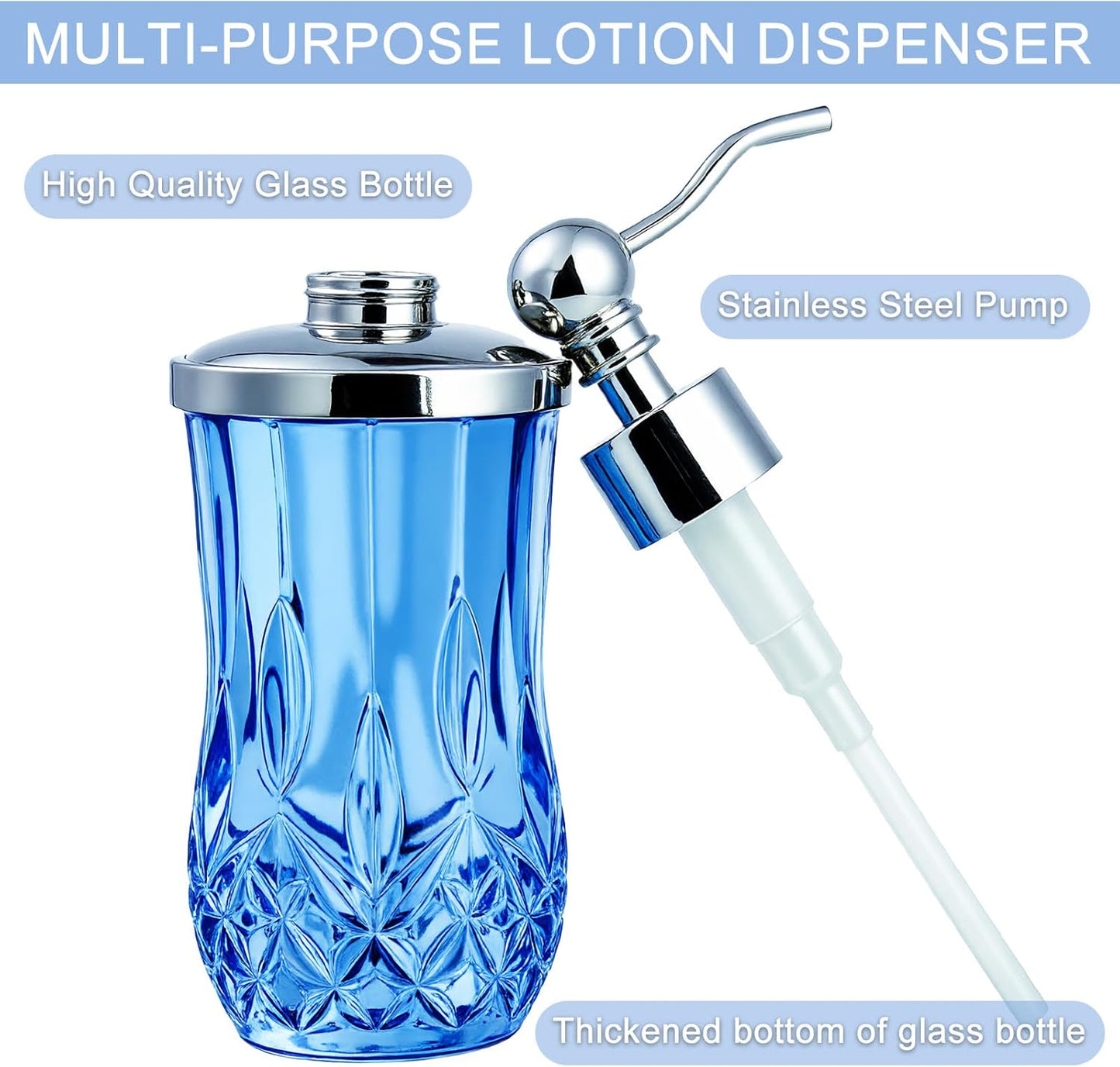 9Oz Diamond Grid Pattern Blue Glass Soap Dispenser with Rust Proof Stainless Steel Pump,Refillable Liquid Soap Dispenser for Bathroom & Kitchen Dish Soap, Hand soap, Lotion(Round)