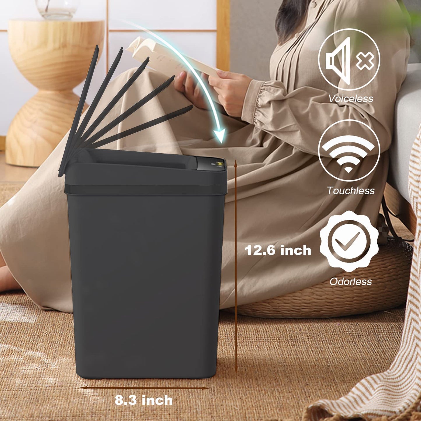 Yatmung 2 Pack - Skinny Trash Bin Sensor Motion 2.5 Gallon Touchless Bathroom Trash Can - Smart Trash Can with Lid - Electric, Narrow, Plastic, Auto Open - Small Slim Automatic Garbage Can (Black)