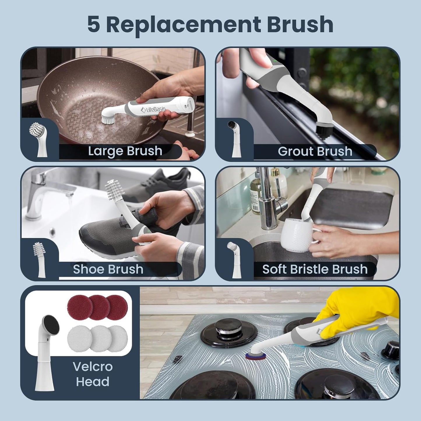 LifeBasis Rechargeable Power Scrubber, Cordless Electric Cleaning Brush, Water Resistant Small Electric Grout Brush with 5 Brushes for Home/Kitchen/Bathroom/Grout/Tile/Shower/Tub, White