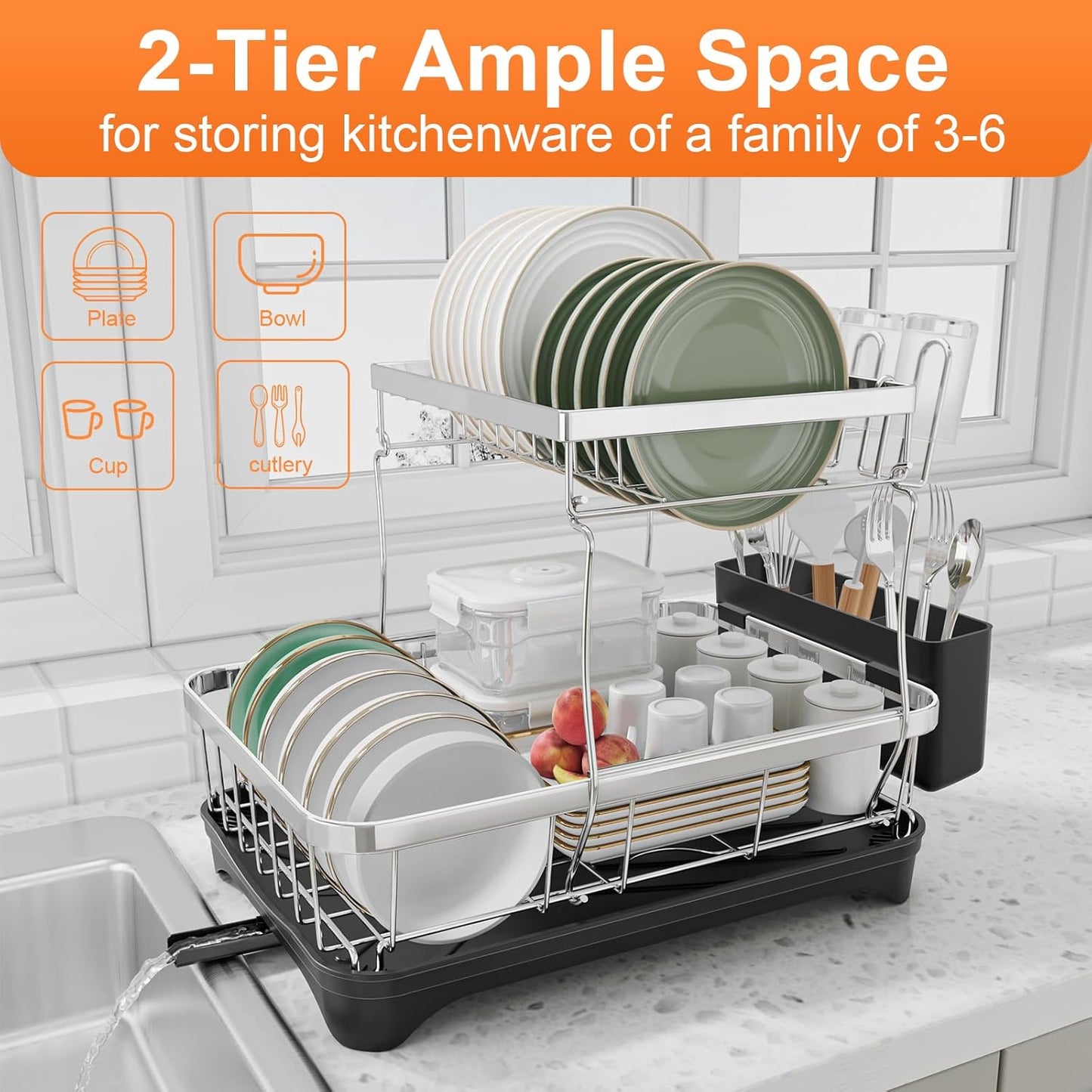 Dish Drying Rack - 2-Tier 304 Stainless Steel Dish Rack for Kitchen Counter, Adjustable Spout Auto-Draining Dish Rack, Kitchen Organizers and Storage Rack with Drainboard and Cutlery Holder Black