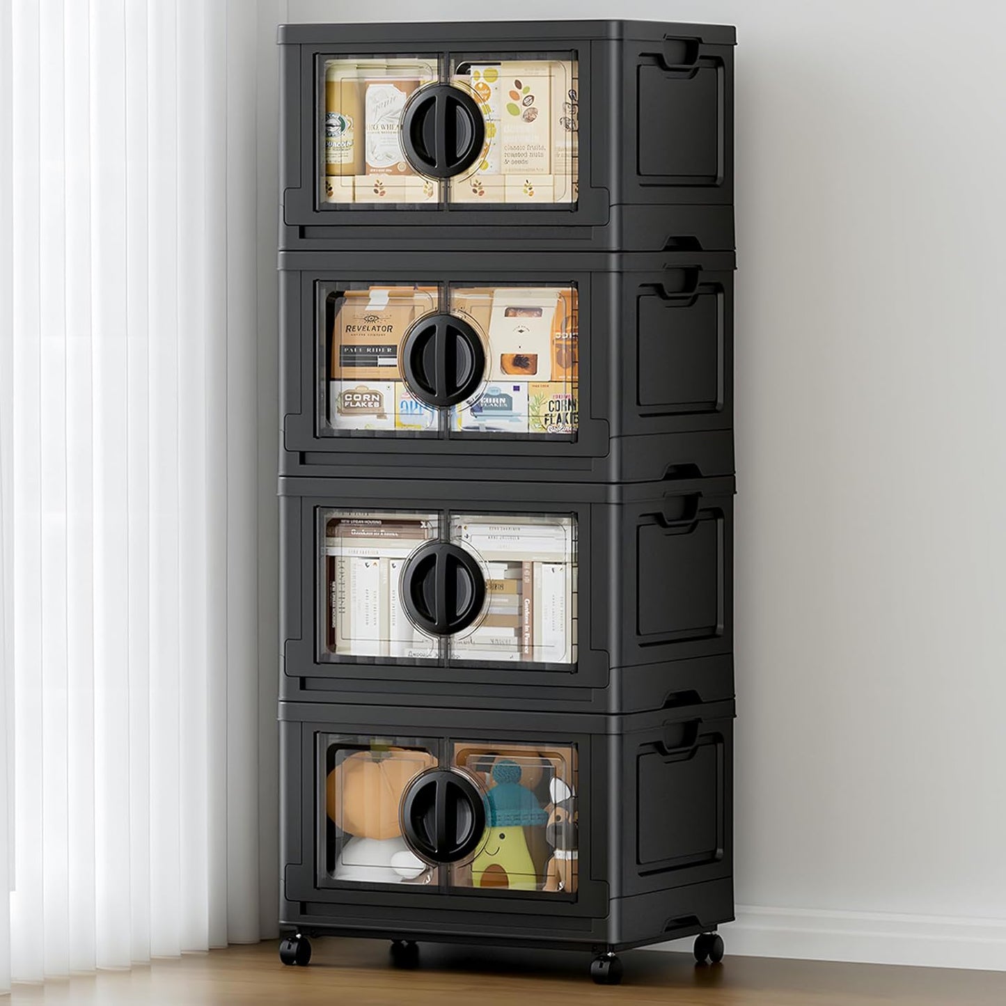 JEKO&JEKO 332Qt Lockable Stackable Storage Bins with Lids, Collapsible Closet Organizer with Wheels, Plastic Cabinet Drawer for Clothes, Dorm Room 4 Pack (Black)