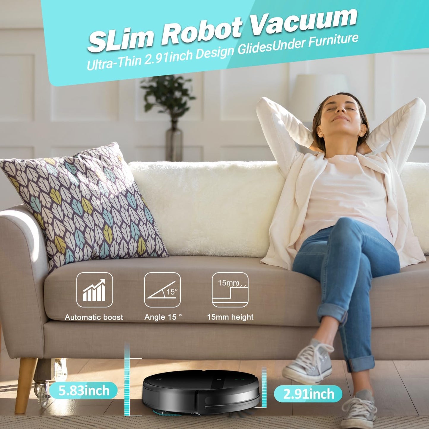 Robot Vacuum and Mop Combo, 2-in-1 Robotic Vacuum Cleaner with Tangle-Free Suction, WiFi/Alexa/App Control, Auto Recharge, Ultra-Slim Quiet Design for Pet Hair, Hard Floors & Low-Pile Carpets