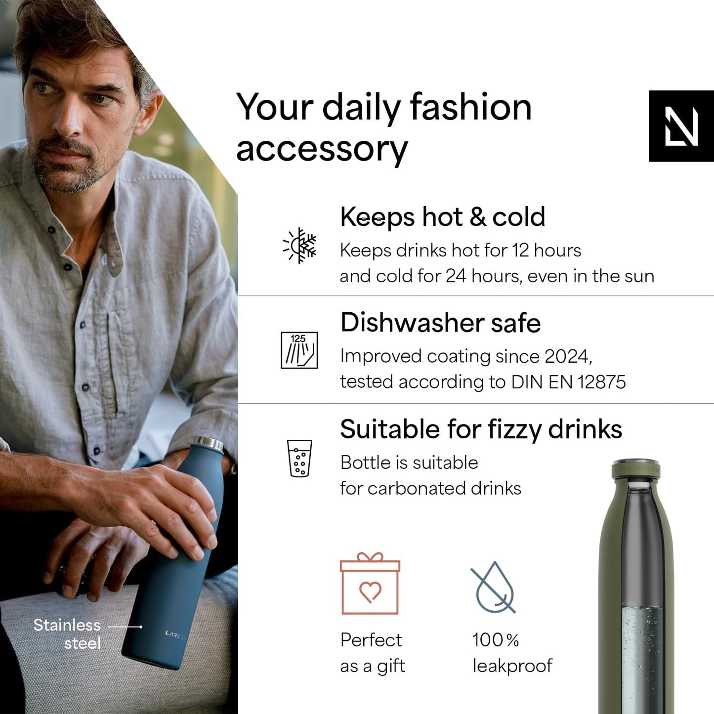 LARS NYSØM Stainless Steel Insulated Water Bottle 12oz 17oz 25oz 34oz 51oz | Insulated Thermo Flask for Hot and Cold Beverages | Leakproof Drinking Bottle (Olive Green, 25.4oz)