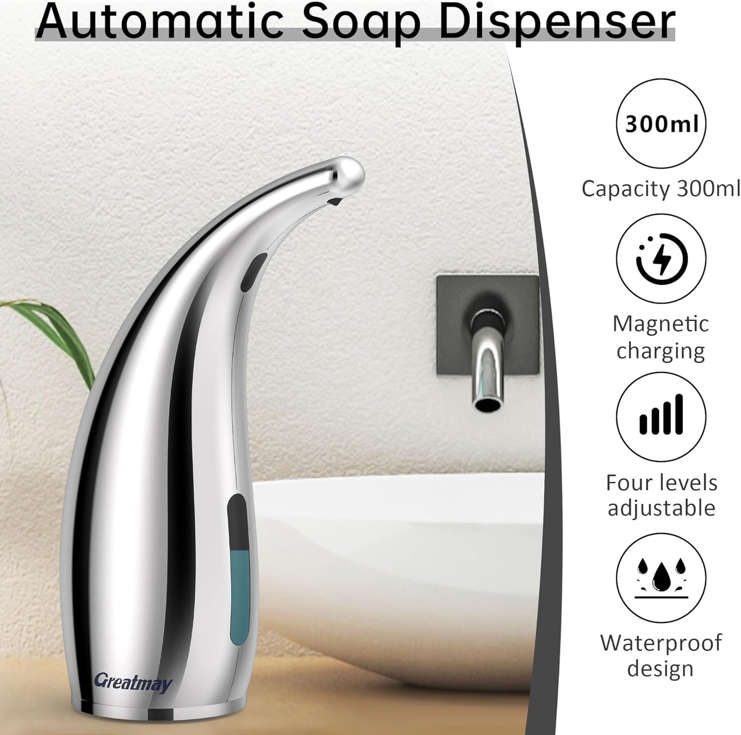Adjustable Automatic Soap Dispenser Touchless, 4 Adjustable Levels Touchless Sensor Liquid Soap Pump Dispenser，300ml Rechargeable Magnetic Charging Hand Soap Dispenser for Kitchen，Bathroom