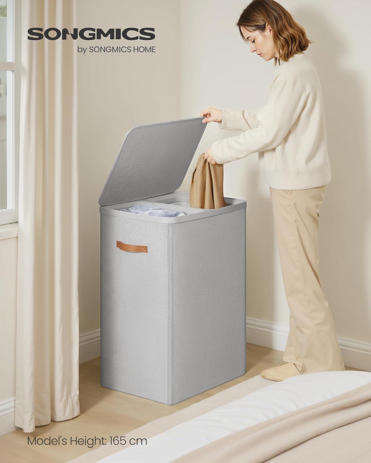 SONGMICS Laundry Basket, 44.9 Gal. Laundry Hamper, 2 Compartments, Easy Assembly, with Lid and Handles, Removable Inner Bags, 22 x 15.7 x 29.5 Inches, Dove Gray ULCB813G01