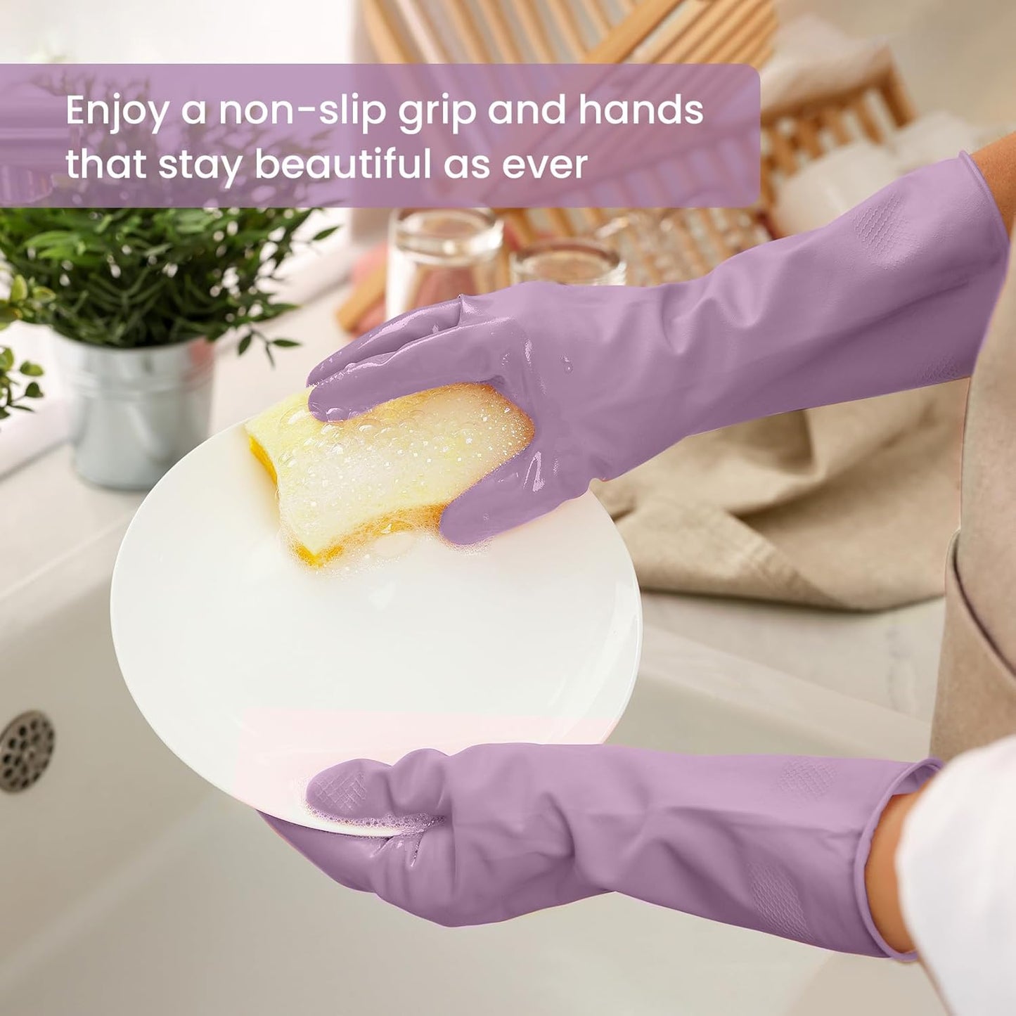 Rubber Cleaning Gloves for Dishwashing, 4 Pairs Reusable Kitchen Gloves for Washing Dishes and Household Cleaning, Purple Dish Gloves with Flocked Lining and Non-Slip Grip, Pefect for Woman Men - S