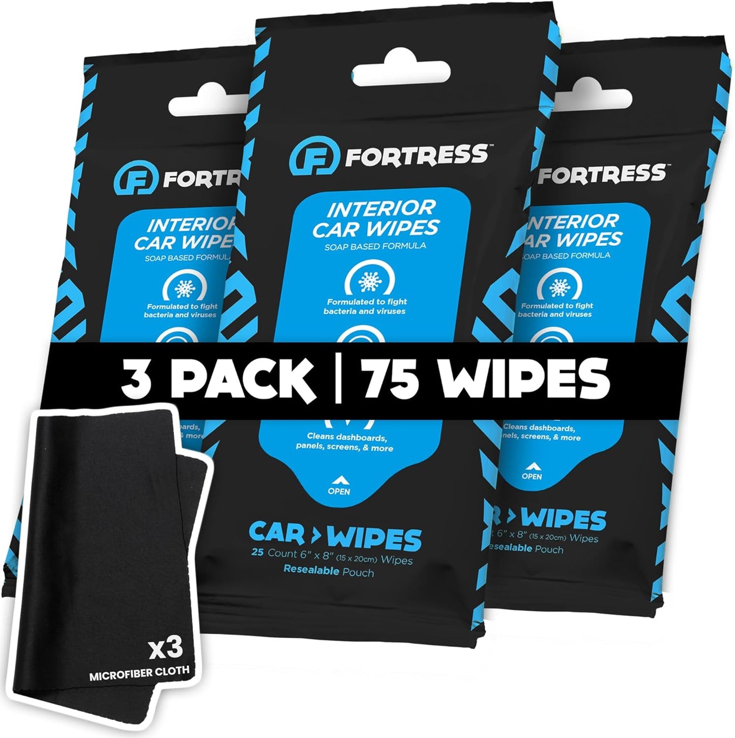 Fortress Car Interior Wipes with Microfiber Cloth (25 ct, Pack of 3) for Car Interior Cleaning, Dashboard, Seats, Detailing, and Steering Wheel [Travel Size] Skin-Safe Car Interior Cleaner Supplies