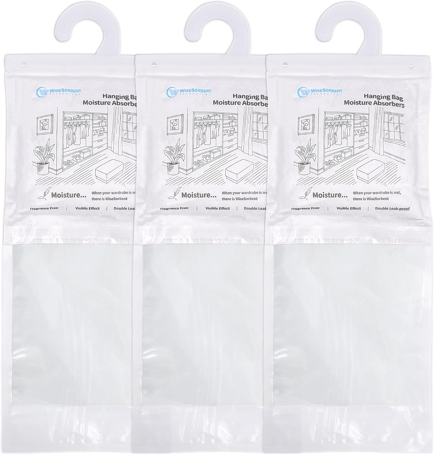 500 Gram Moisture Absorber Hanging Bags 3 Pack - 17.6 oz Fragrance-Free Large Dehumidifier for Closet, Bathroom, Bedroom – Double Leak-Proof Design & Dual-Sided Absorption
