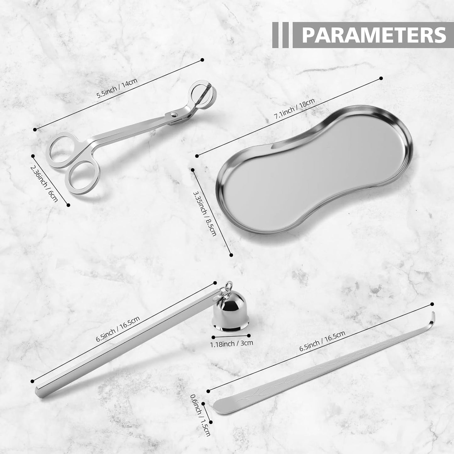 PATOISE 4 in 1 Candle Accessory Set, Candle Wick Trimmer Cutter, Candle Snuffer, Candle Wick Dipper Mini, Tray Holder in Gift Package for Candle Aromatherapy Lovers(4PCS Silver)