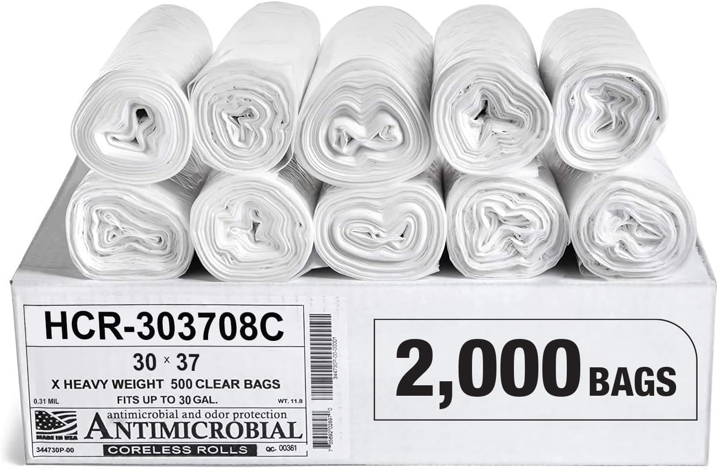 Aluf Plastics High Density Trash Bags, 30 Gallon, 2000 Count, 8 Micron (eq), 30" x 37", Clear, for Bathroom, Office, Industrial, Commercial, Janitorial, Municipal, Recycling