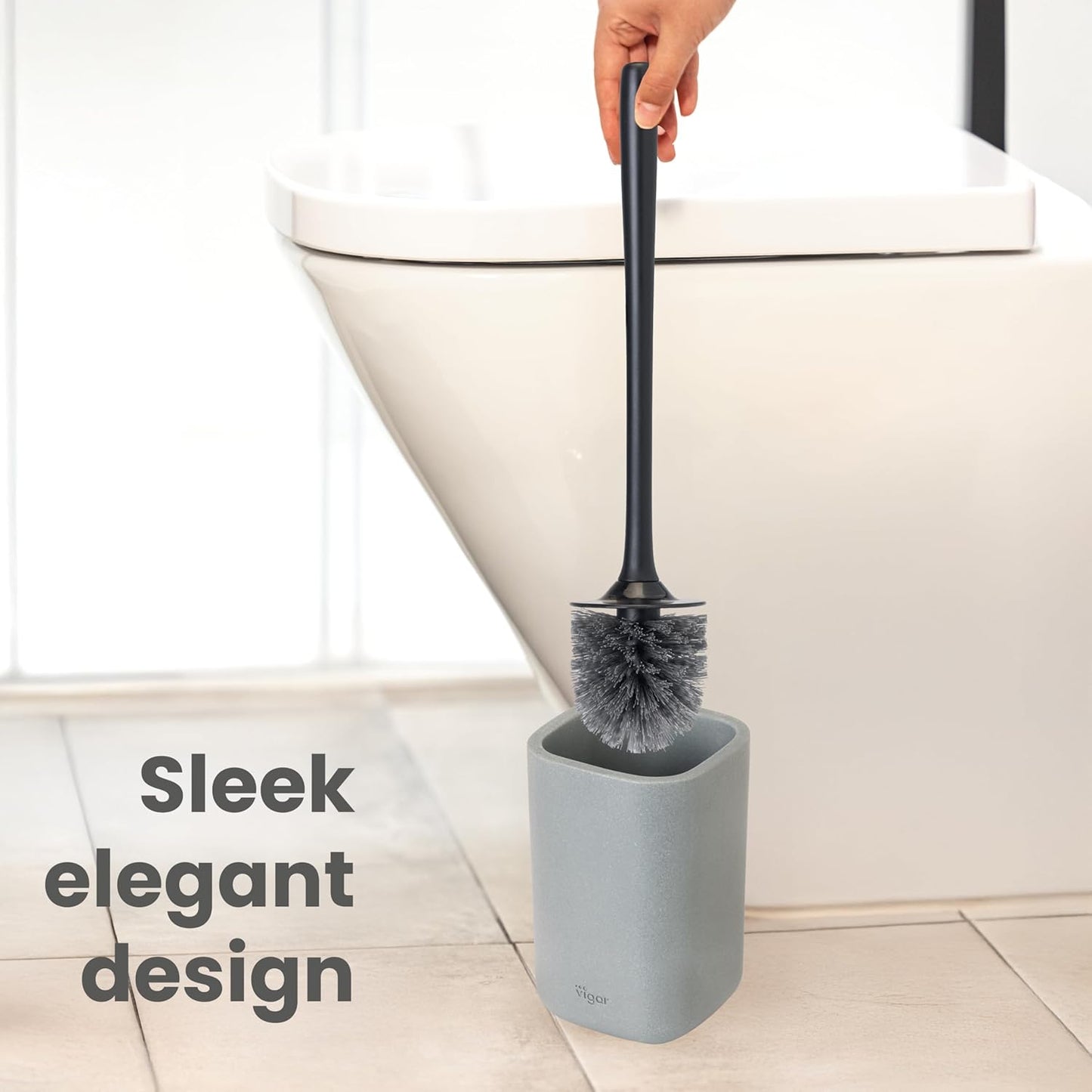 Vigar Zense Toilet Brush and Holder Set, Toilet Bowl Brush with Polyresin Stone Holder, Bathroom Sets for Bathroom Decor and Accessories, Concrete
