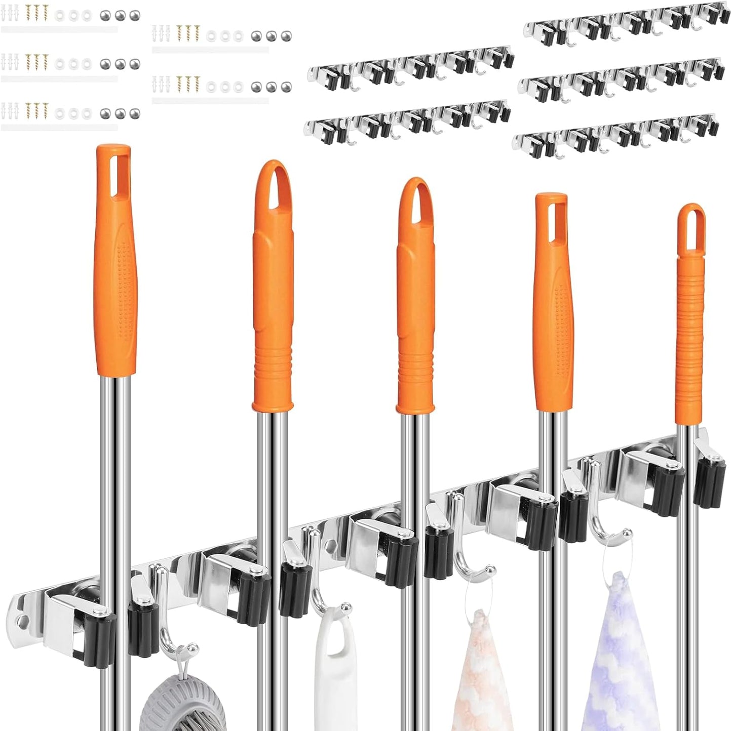 5Pcs 5 Racks 4 Hooks Stainless Steel Broom Mop Holder Anti Slip Wall Mount Broom Storage Rack Strong Load Bearing Waterproof Mop Broom Organizer for Bathroom Kitchen Garage