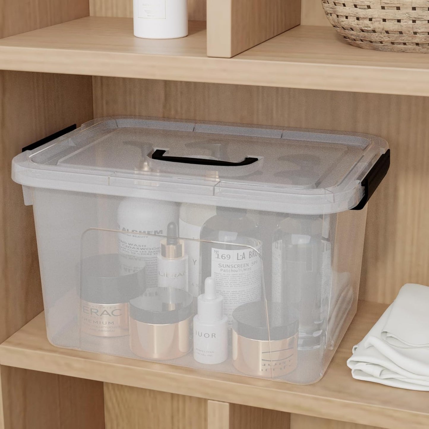 10.5 L Clear Latch Storage Bin with Lid, 4 Packs Plastic Organizing Box with Black Handle