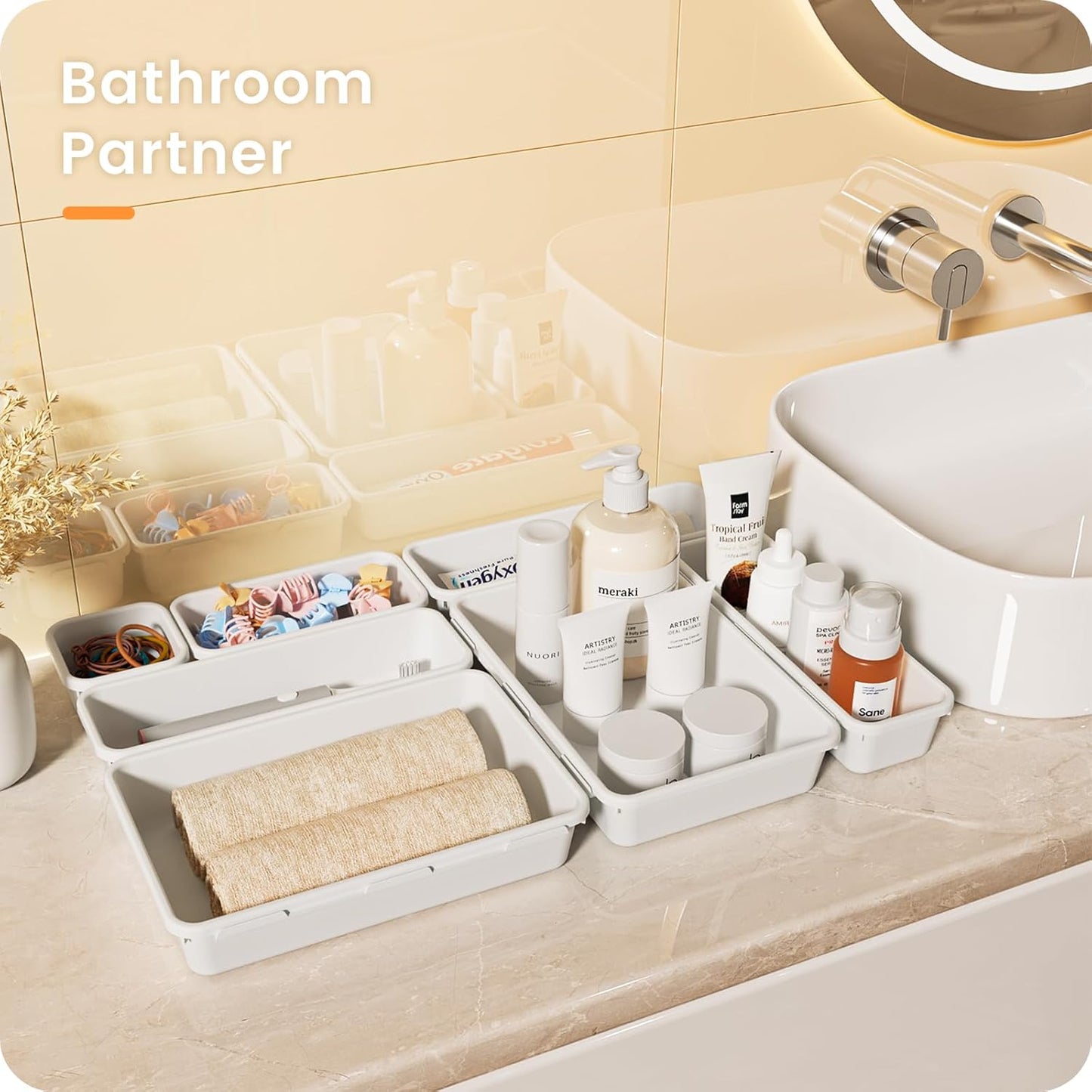 A-LuGei 【28PCS】 Drawer Organizer, Bathroom Organizers and Storage, Makeup organizer, Desk drawer organizer, Storage Bins for Kitchen Office Bedroom Vanity Jewelry Pantry Garage【White】【4Size】