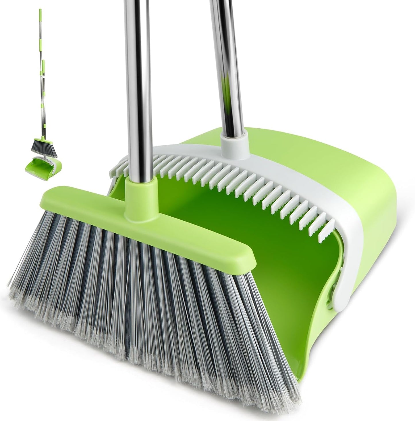 Broom and Dustpan Set, Dustpans with Broom Combo for Home, Heavy Dust Broom and Dustpan Combo, Long Handle Dust Pan and Broom Set for Kitchen, Office, Pet Hair(Gray Green)