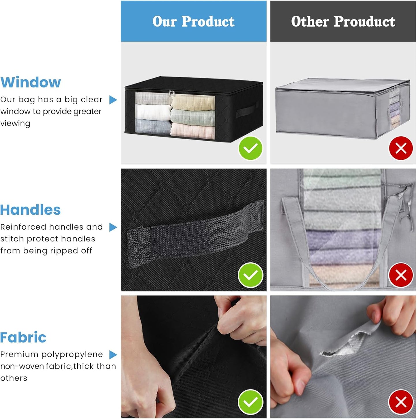 HomeHacks Storage 8-Pack Clothes Organizer Storage Bags Foldable Storage Box with Large Clear Window Sturdy Handles for Closet, Dorm, Pillows, Bedding, Clothes, Blankets, 35L, Black