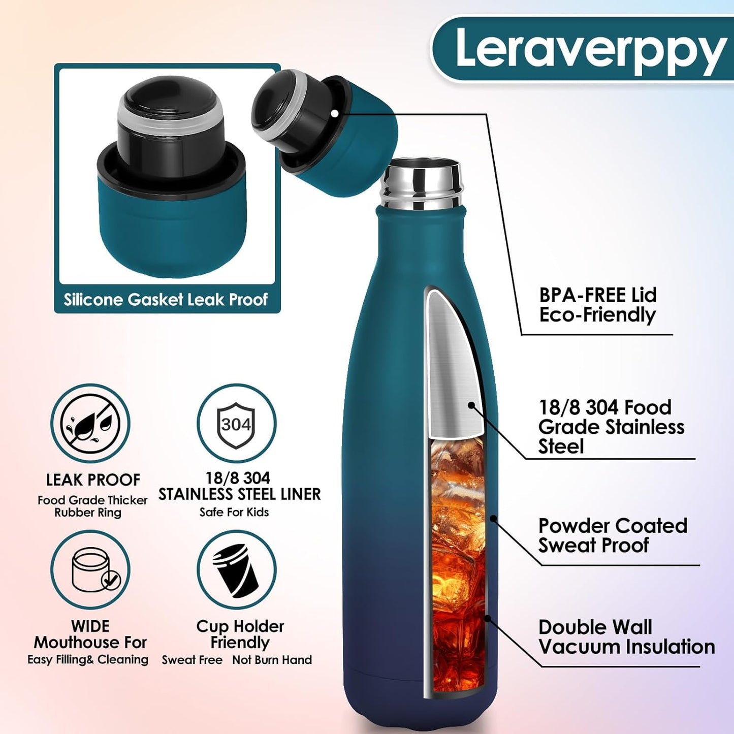 17oz Cola-Bottle Shaped Stainless Steel Leak-proof Water Bottle,Double Wall Vacuum Insulated Metal,Travel Mug For Sports Indoors & Outdoors,BPA-Free Kids Flasks,Dark Night(1Pack)