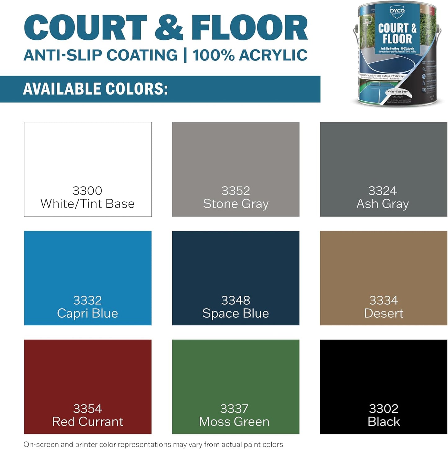 DYCO Court & Floor Anti-Slip Coating - Slip-Resistant Pavement, Cement & Concrete Paint for Pickleball, Tennis & Basketball Courts, Exceeds ADA Standards for Safety Areas (White, 1 Gallon)