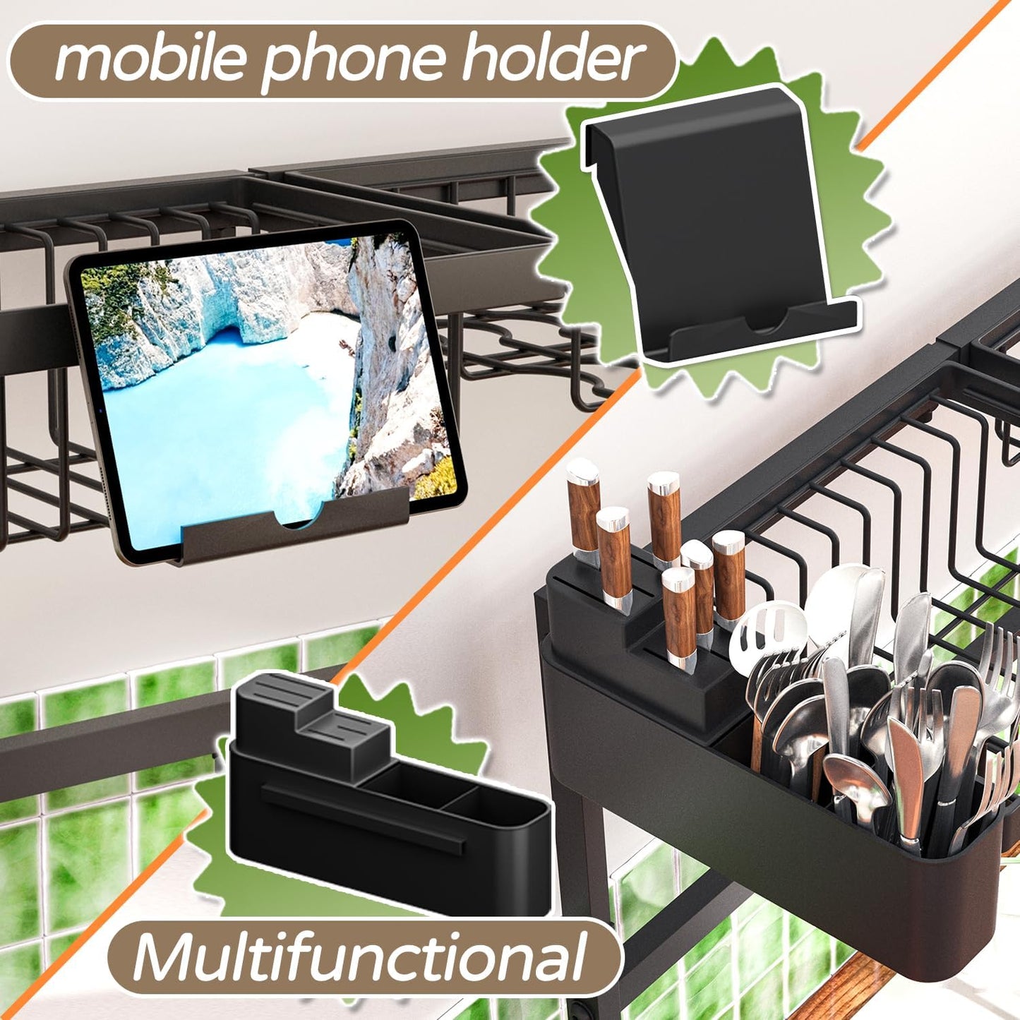 Over The Sink Dish Drying Rack, Expandable Height and Length, 2 Tier Large, Stainless Steel, 24-35.5 inches L x 12 inches W x 19-22 inches H