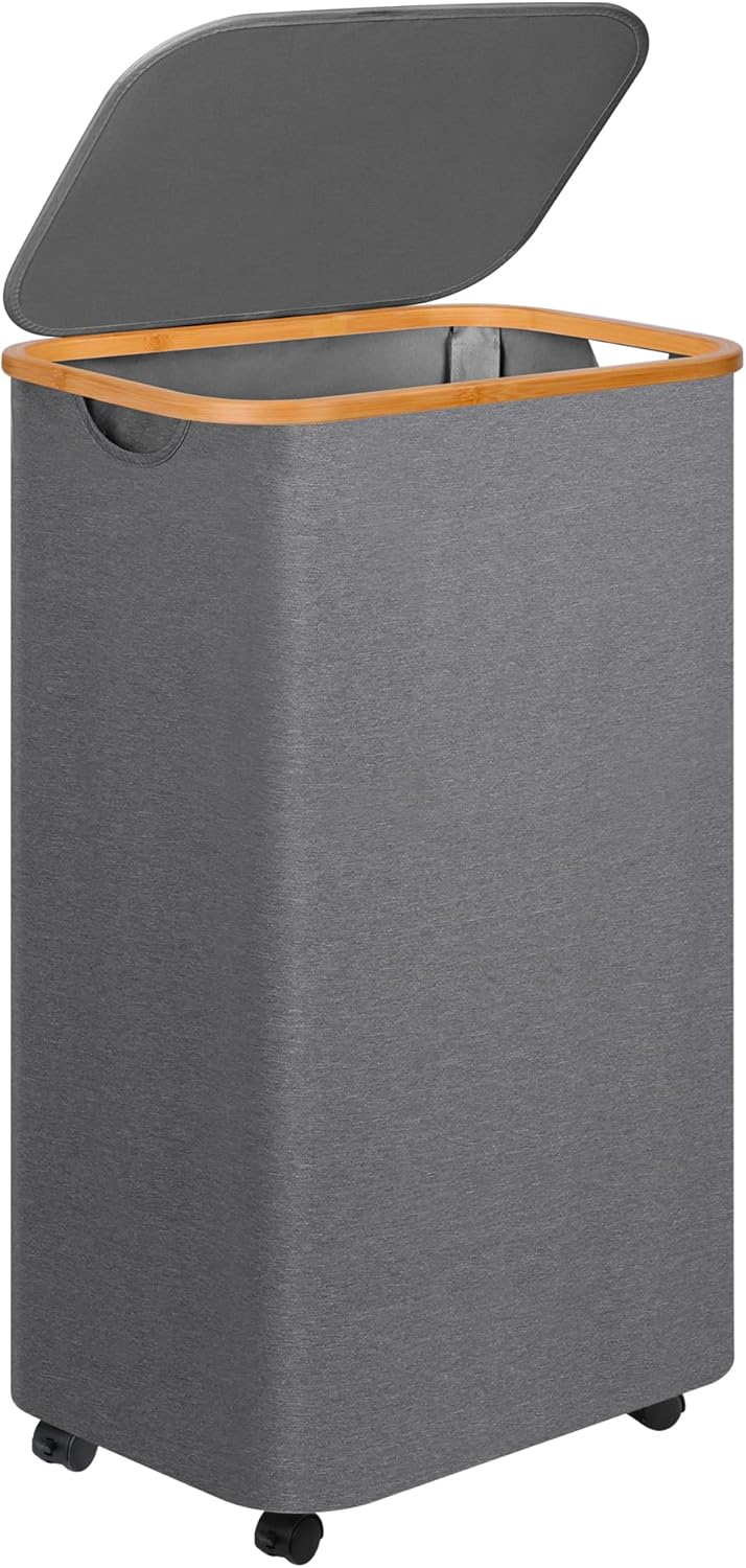 Laundry Basket with Wheels,100L Hampers for Laundry,Large Laundry Hamper with Lid and Bamboo Handles,Collapsible & Waterproof Tall Cloth Hamper for Dormitory Family,Grey