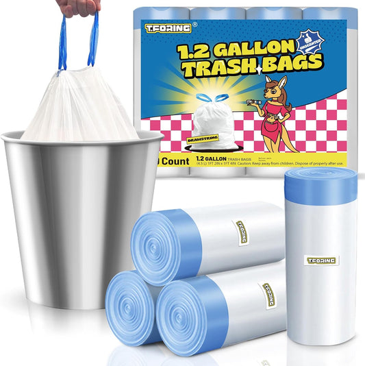 1.2 Gallon Mini Trash Bags Drawstring - 120 Count Thick Small Garbage Bags Unscented,White Trash Can Liners Strong Little Waste Basket Bags 4.5 Liter for Home Bathroom Office Car
