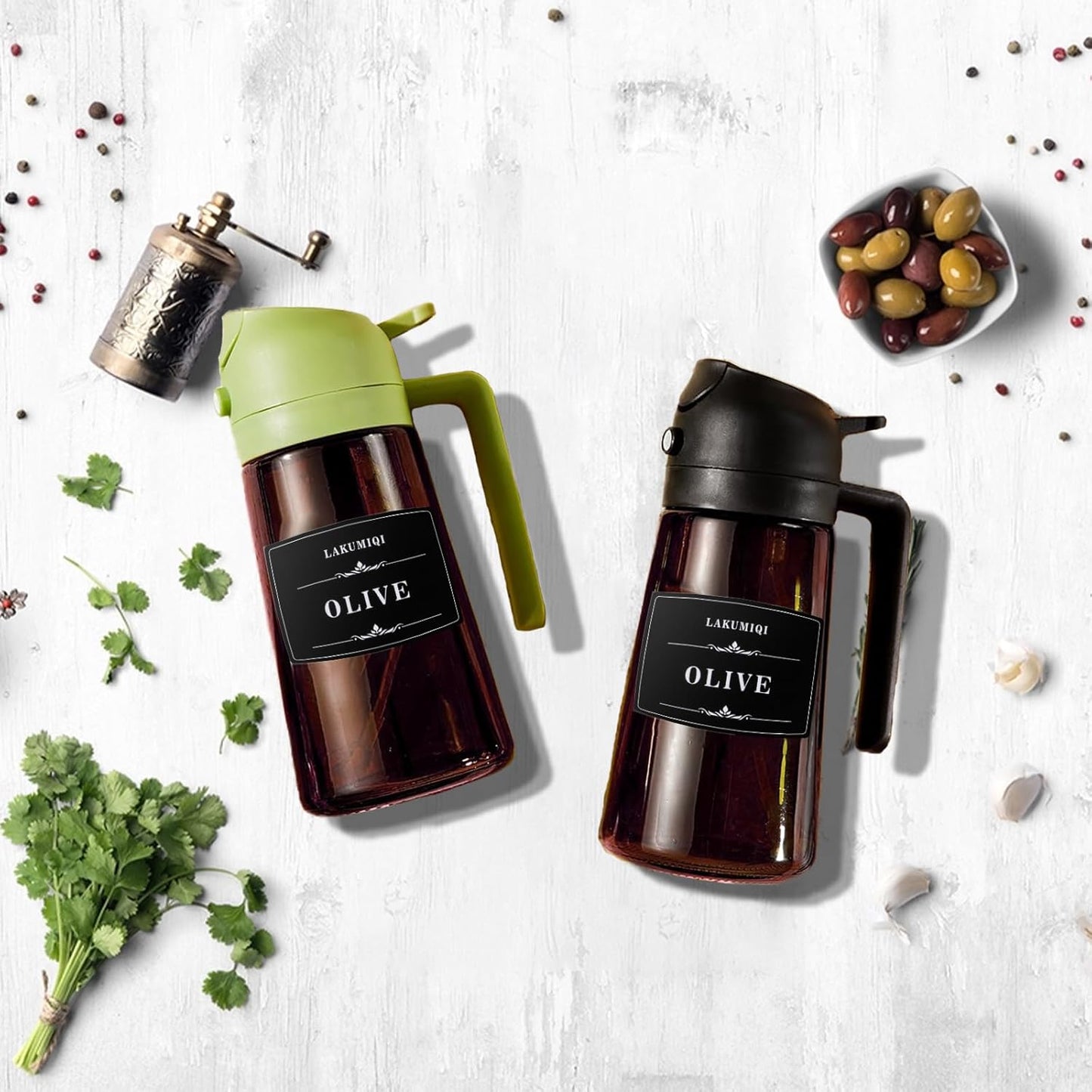 2-in-1 Glass Oil Dispenser & Sprayer - 16oz/470ml Leakproof Olive Oil Sprayer Bottle for Cooking, Air Fryer, BBQ, Baking, Salad(Light-Blockage Cream 1PC)