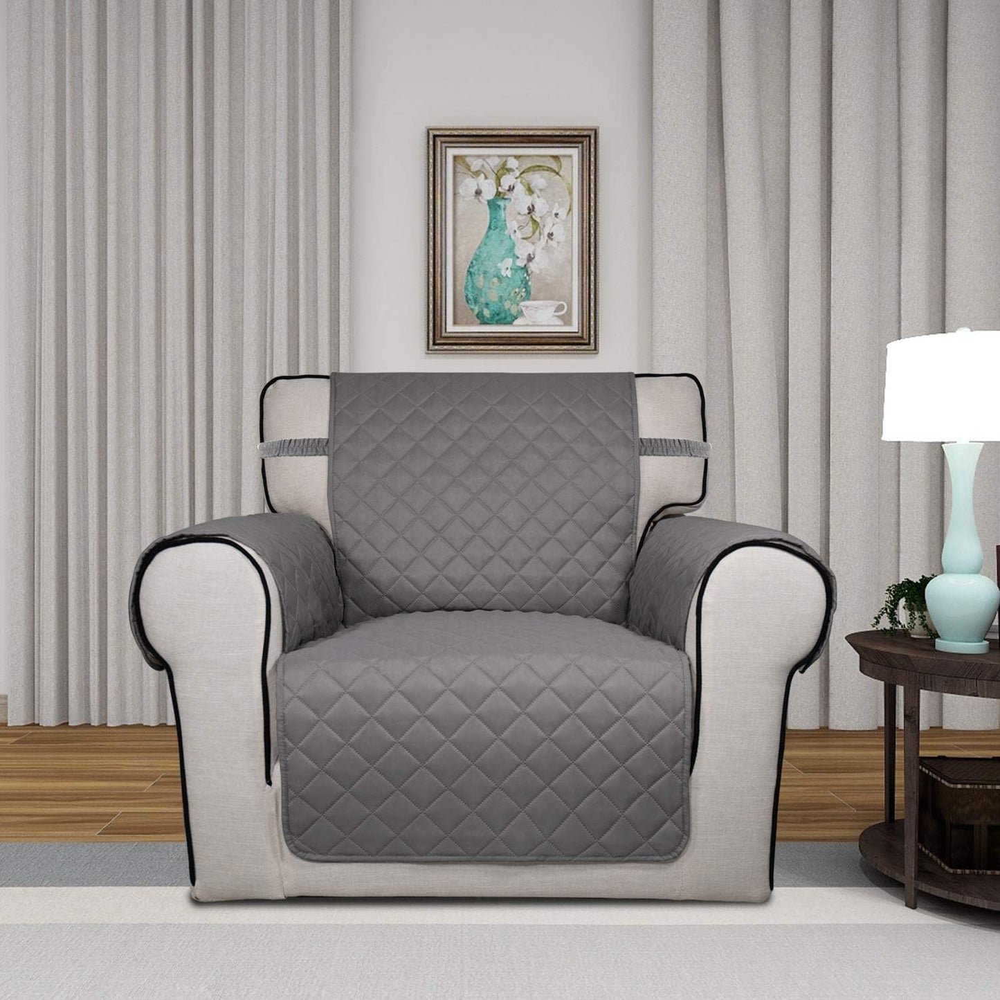 PureFit Reversible Quilted Sofa Cover, Water Resistant Slipcover Furniture Protector, Washable Couch Cover with Non Slip Foam and Elastic Straps for Kids, Dogs, Pets (Chair, Gray/Light Gray) Small