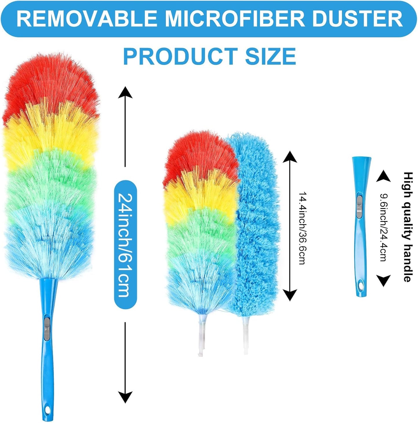 Rainbow Static Duster 24inch Reusable Microfiber Electrostatic Dusters with 2 Beandable and Washable Duster Head for Cleaning Home, Office, Car