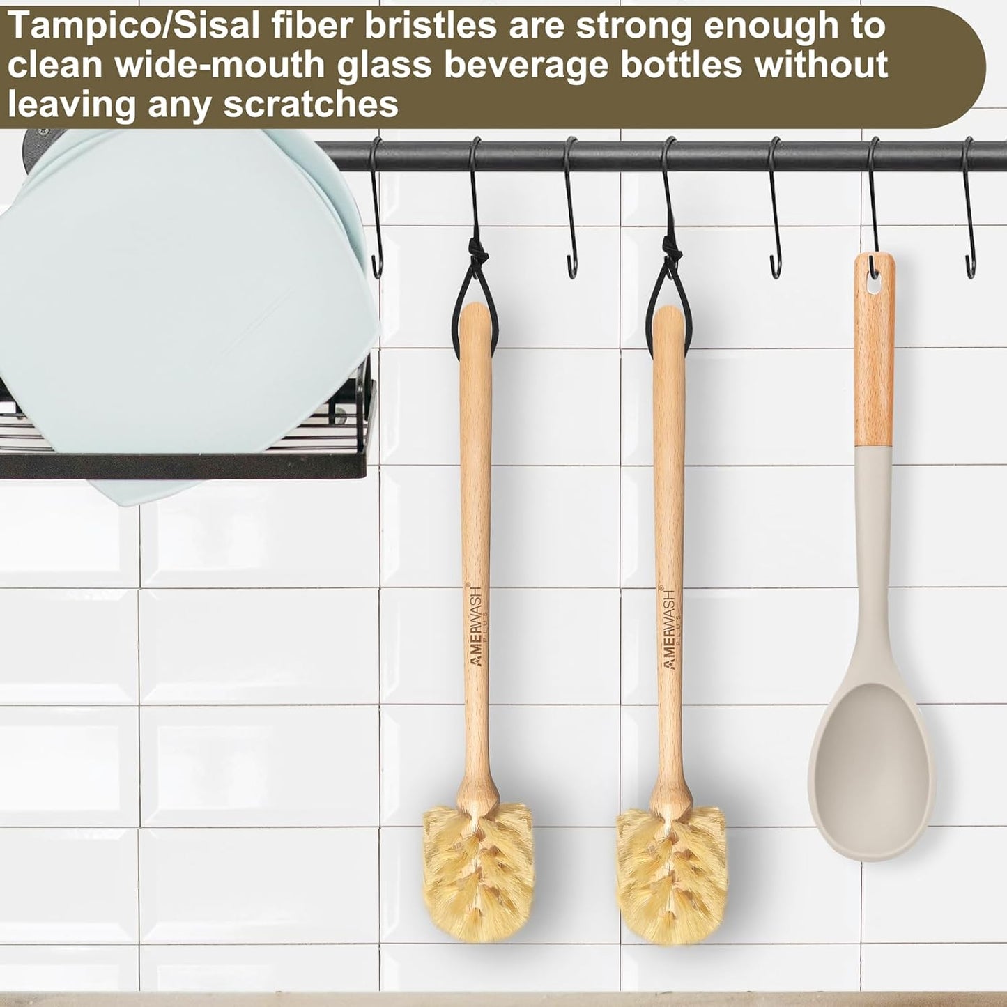 Bottle Brush with Strong Sisal Bristles, 13-3/4 Inch Long Wood Handle Hanging Design Cleaning Brush Cleans and Scrubs Wide Mouth Jars, Glasses, Vases, Mugs and Pitchers